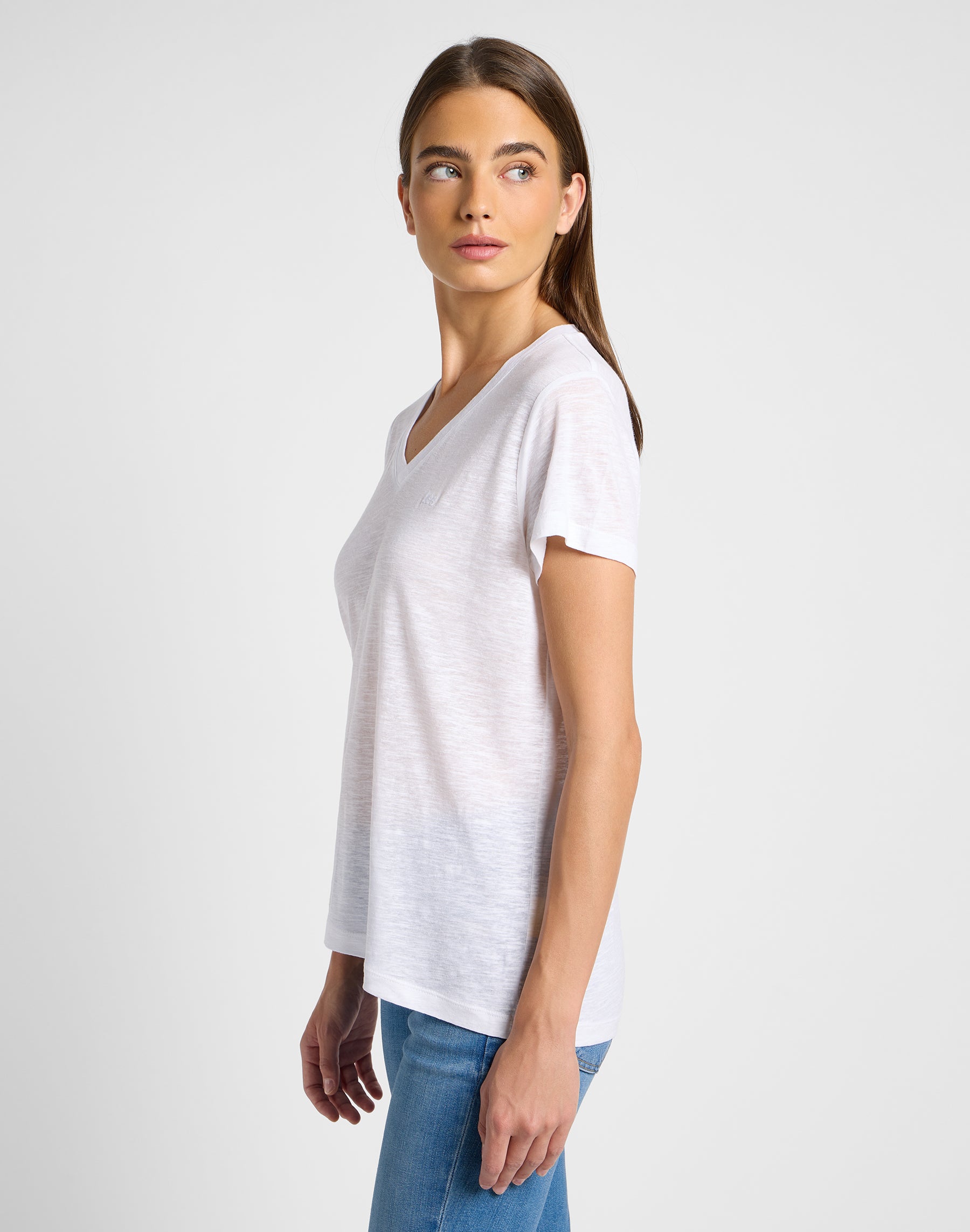 T-shirt con scollo a V in bianco brillante Lee