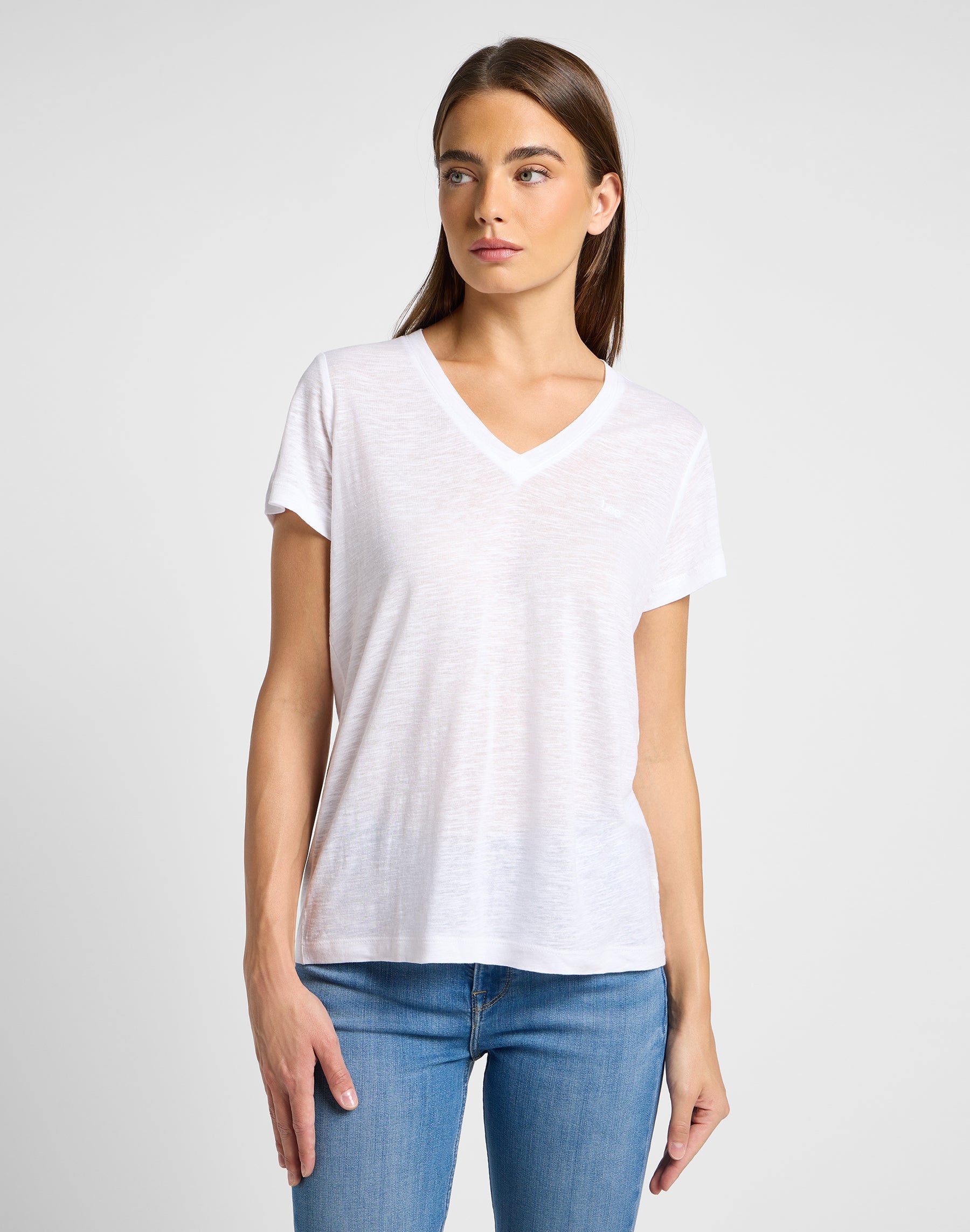 T-shirt con scollo a V in bianco brillante Lee