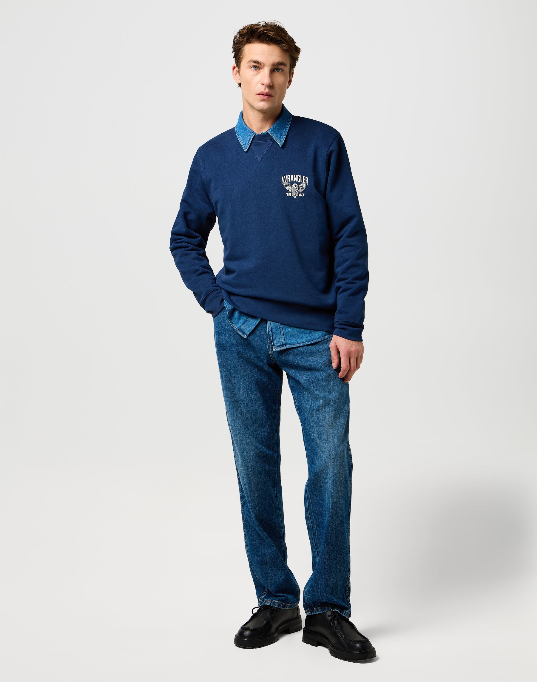 Felpa Americana Crew in Navy Wrangler