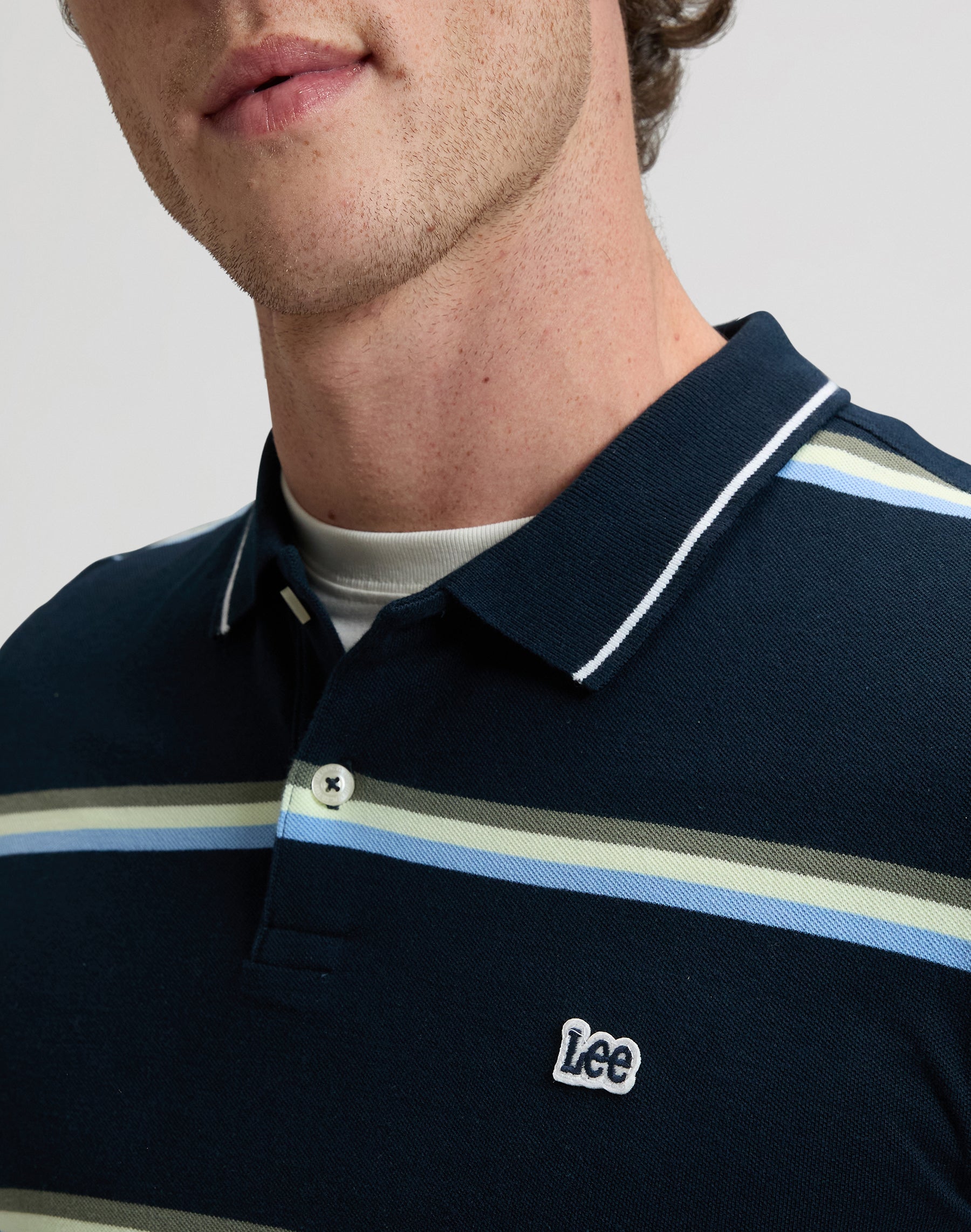 Polo Pique in Lime Ice Navy Stripe