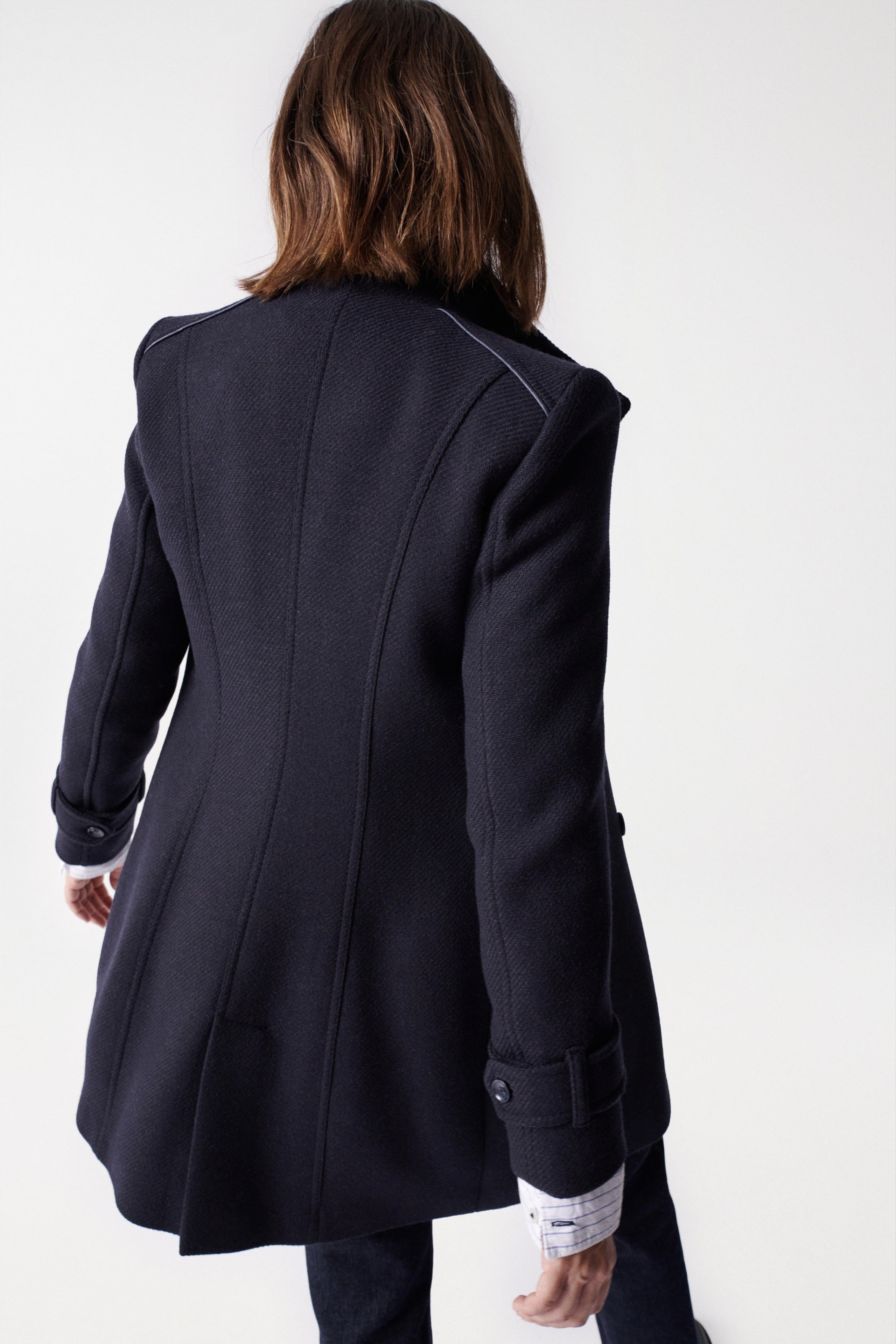 Cappotto lungo Grace in lana blu scuro