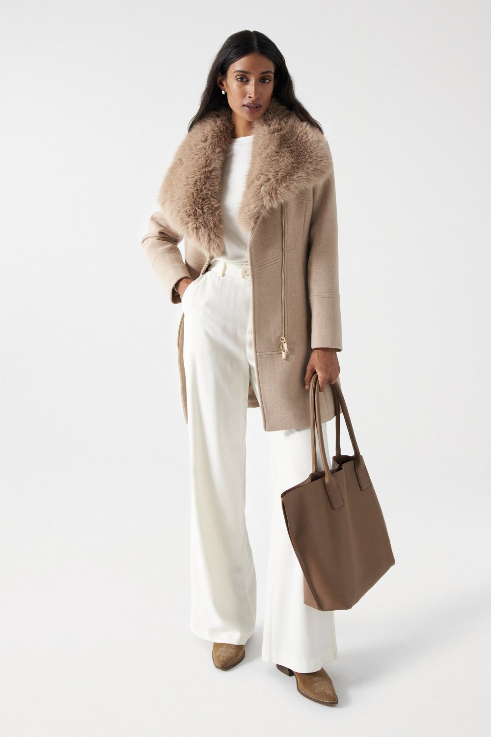 Cappotto in lana con collo di pelliccia in beige medio V1 Jackets Salsa Jeans