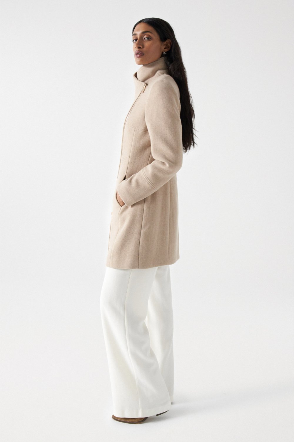 Cappotto in lana con collo di pelliccia in beige medio V1 Jackets Salsa Jeans