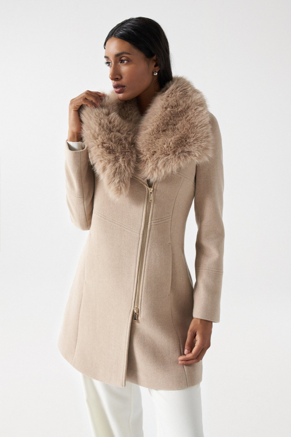 Cappotto in lana con collo di pelliccia in beige medio V1 Jackets Salsa Jeans