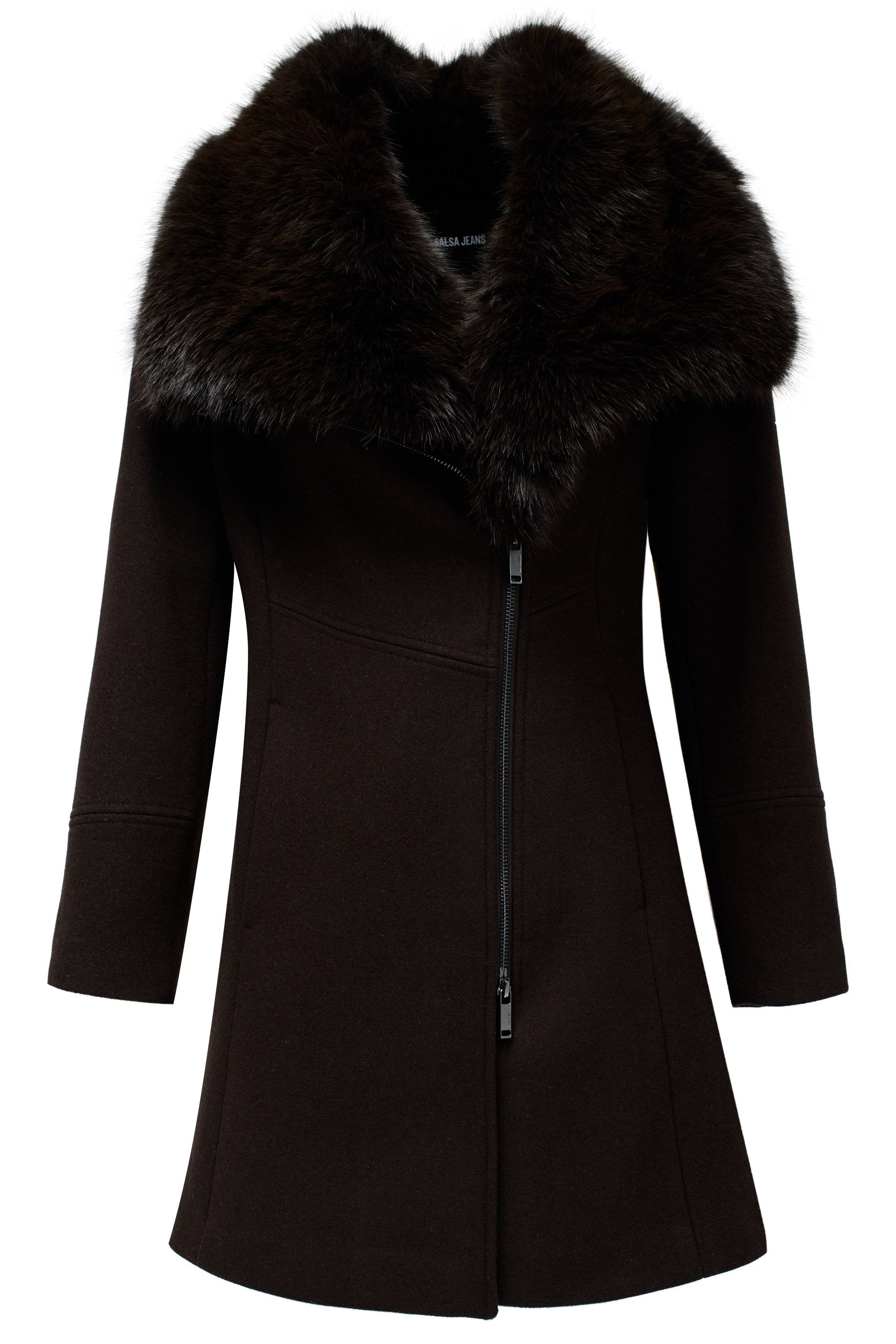 Cappotto in lana con collo di pelliccia in marrone scuro Giacche Salsa Jeans