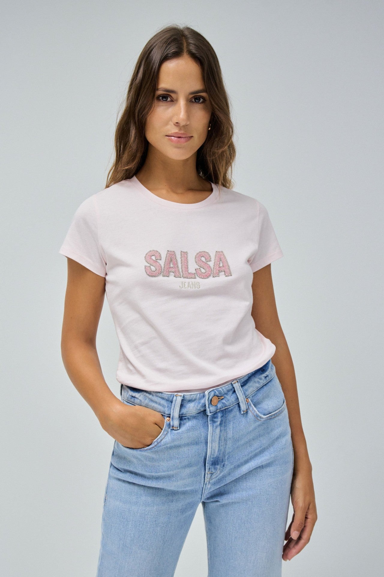 Maglietta istituzionale con perline in rosa chiaro V1 T-Shirts Salsa Jeans