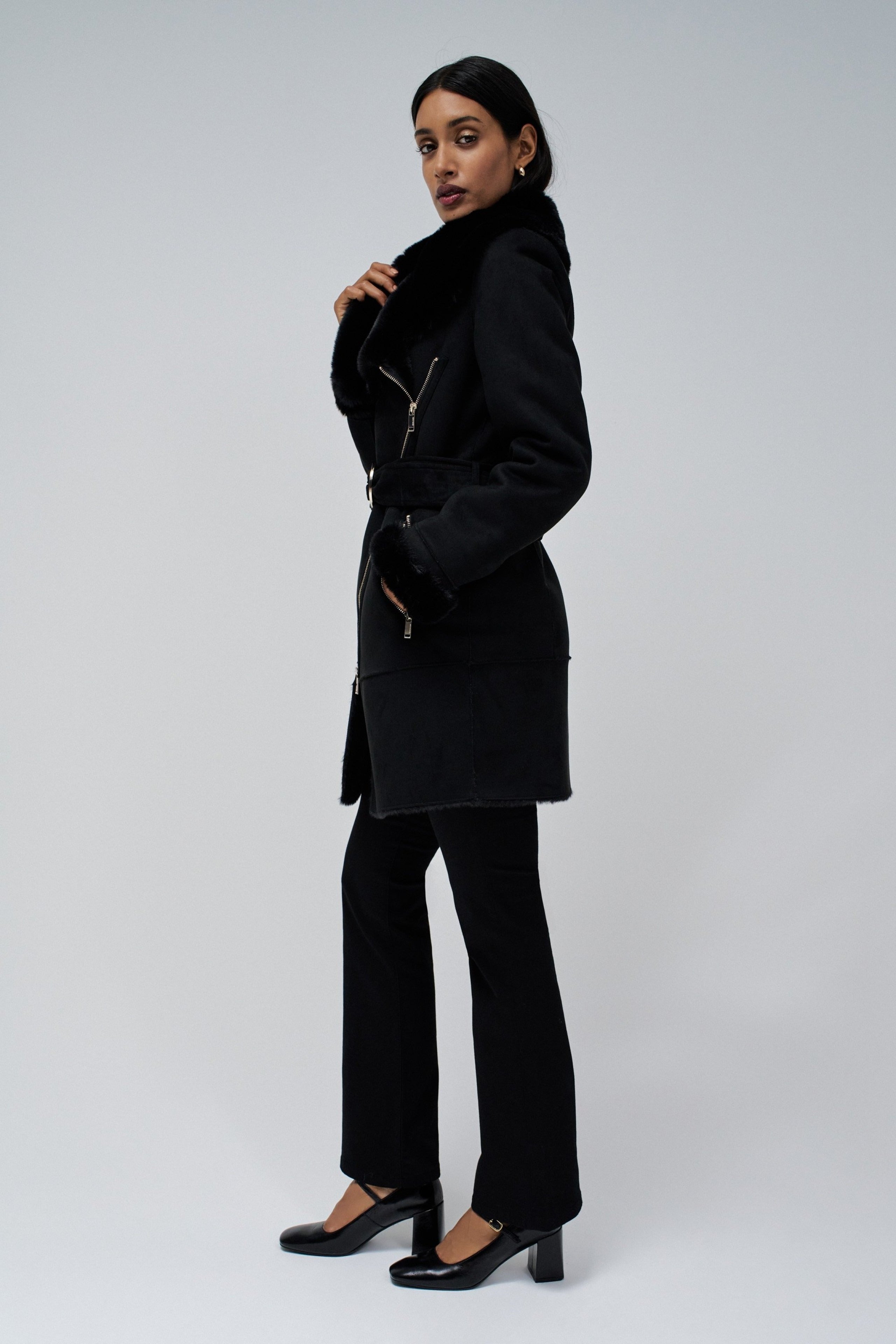 Cappotto lungo in shearling nero
