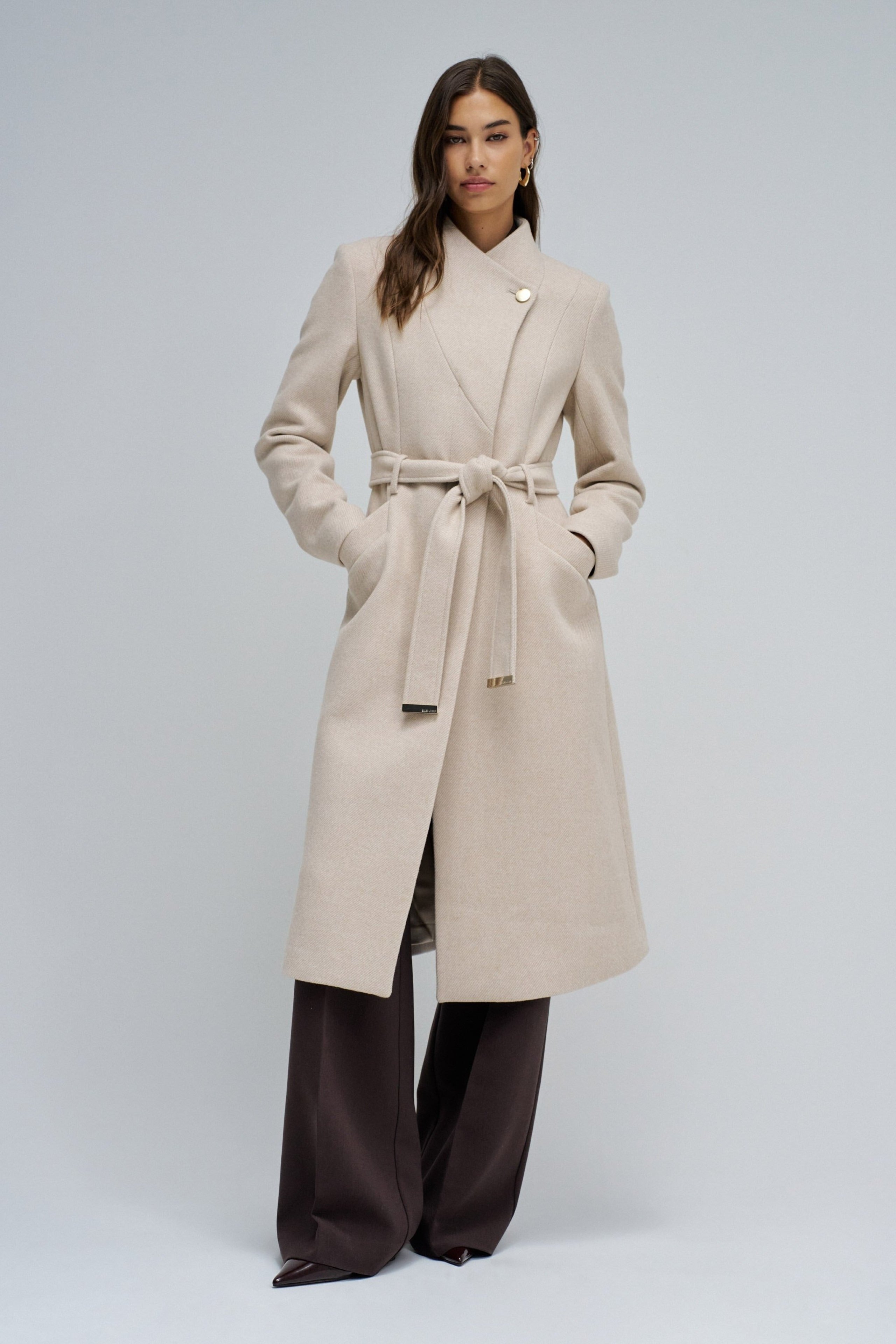 Giacca lunga in lana con cintura in beige chiaro V1 Giacche Salsa Jeans