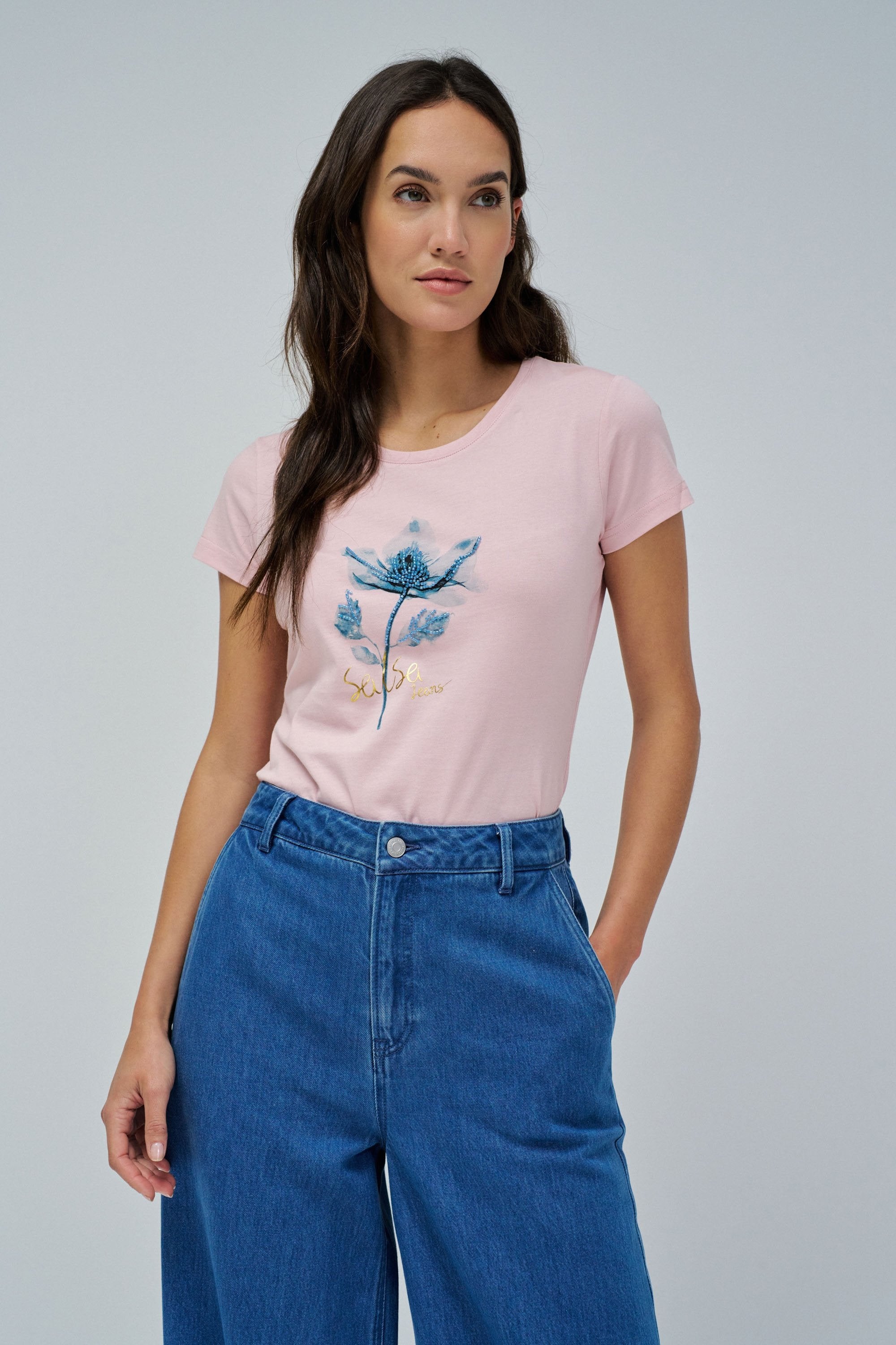Maglietta grafica con stampa floreale in rosa medio V1 T-Shirts Salsa Jeans