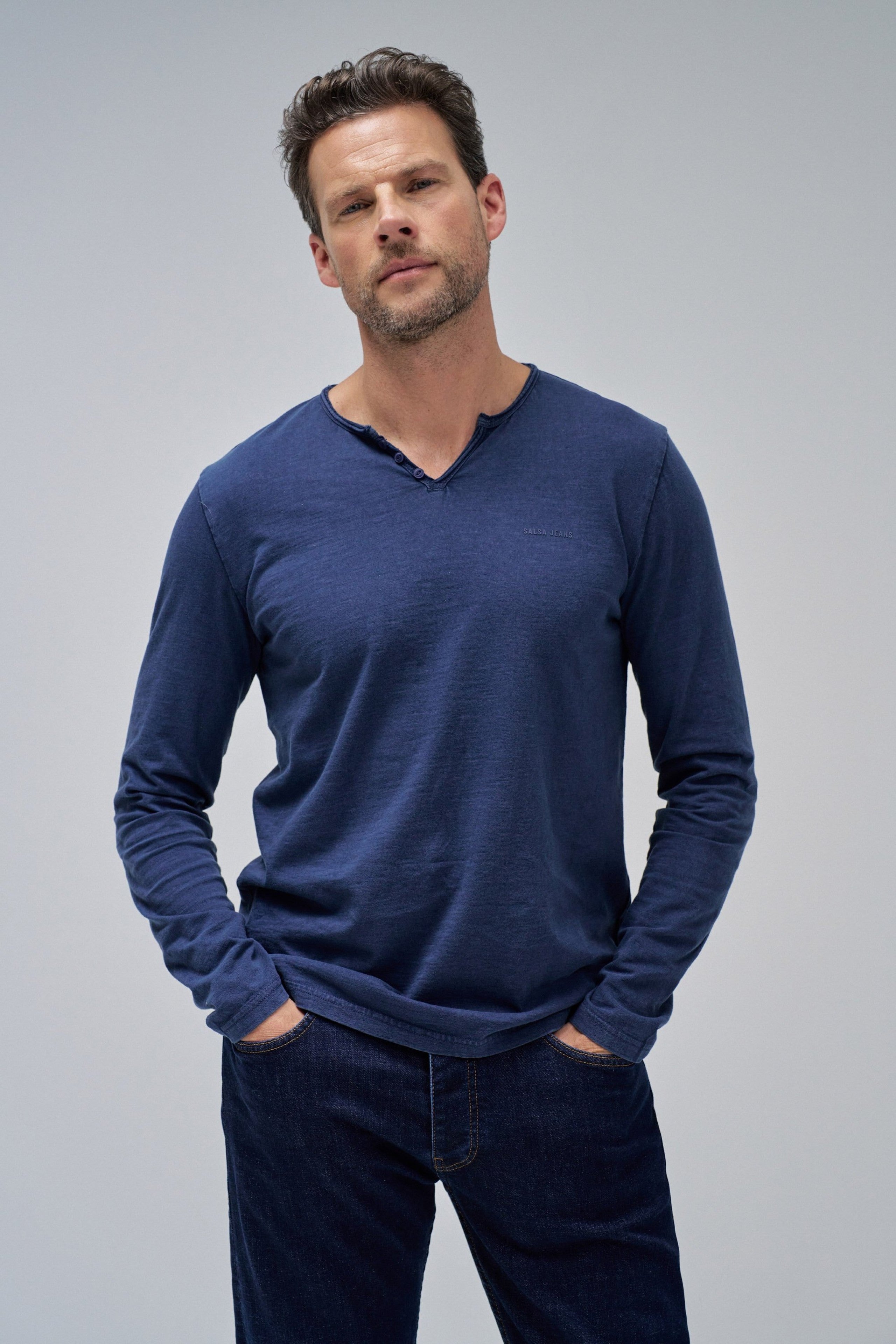 Maglia manica lunga Serafino in blu medio Magliette Salsa Jeans