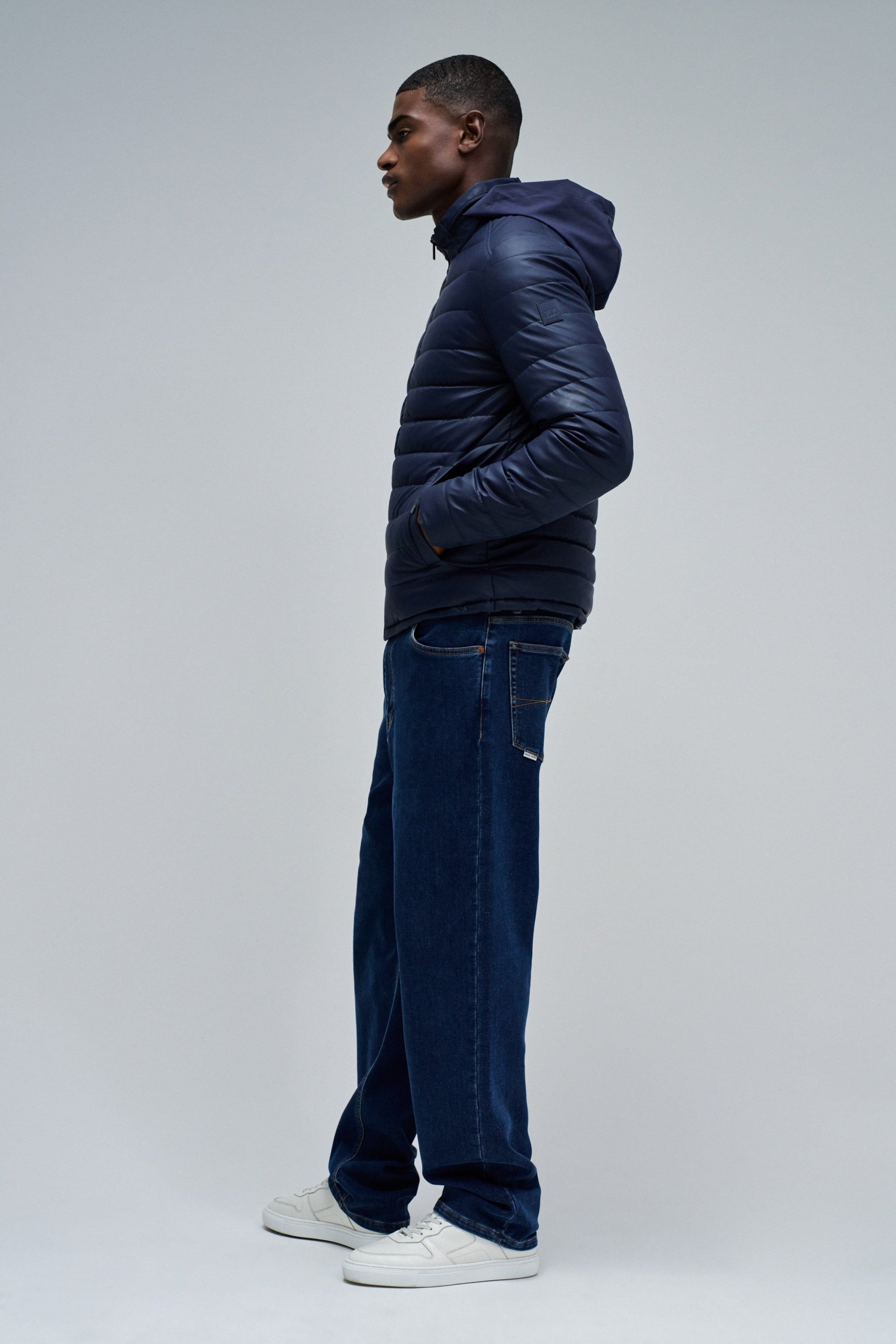 Giacca leggera imbottita in pelle PU blu scuro