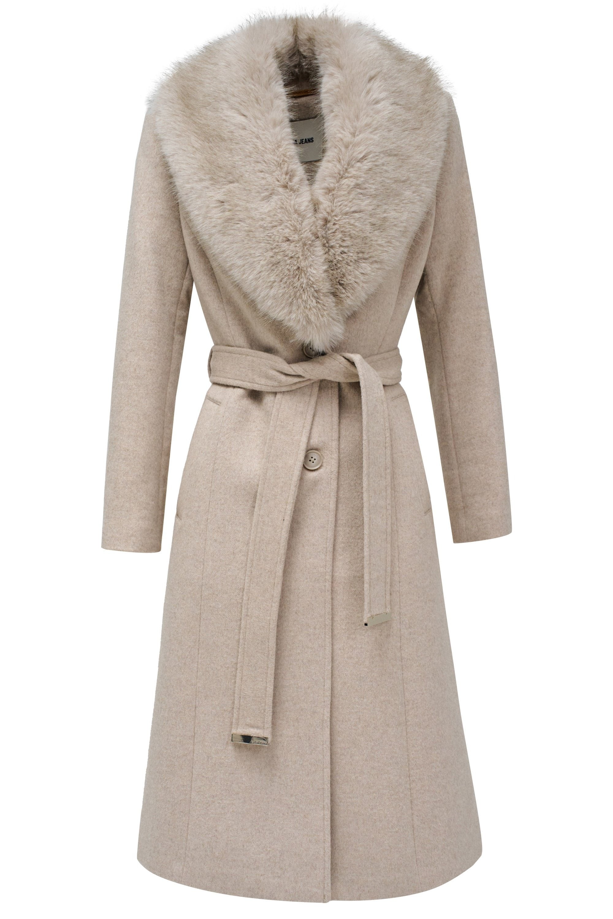 Cappotto lungo in lana con cintura in pelliccia sintetica in beige medio V1 Giacche Salsa Jeans