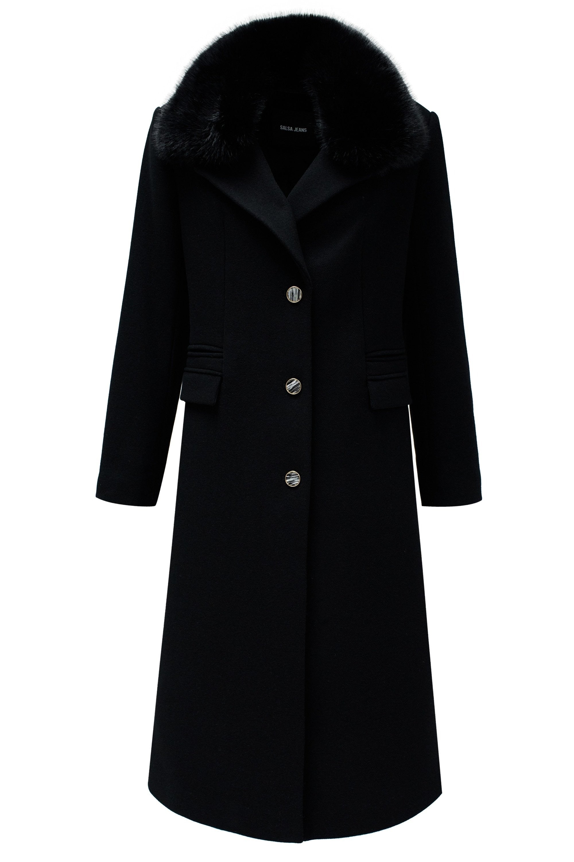 Cappotto in lana con collo in pelliccia sintetica in nero Giacche Salsa Jeans