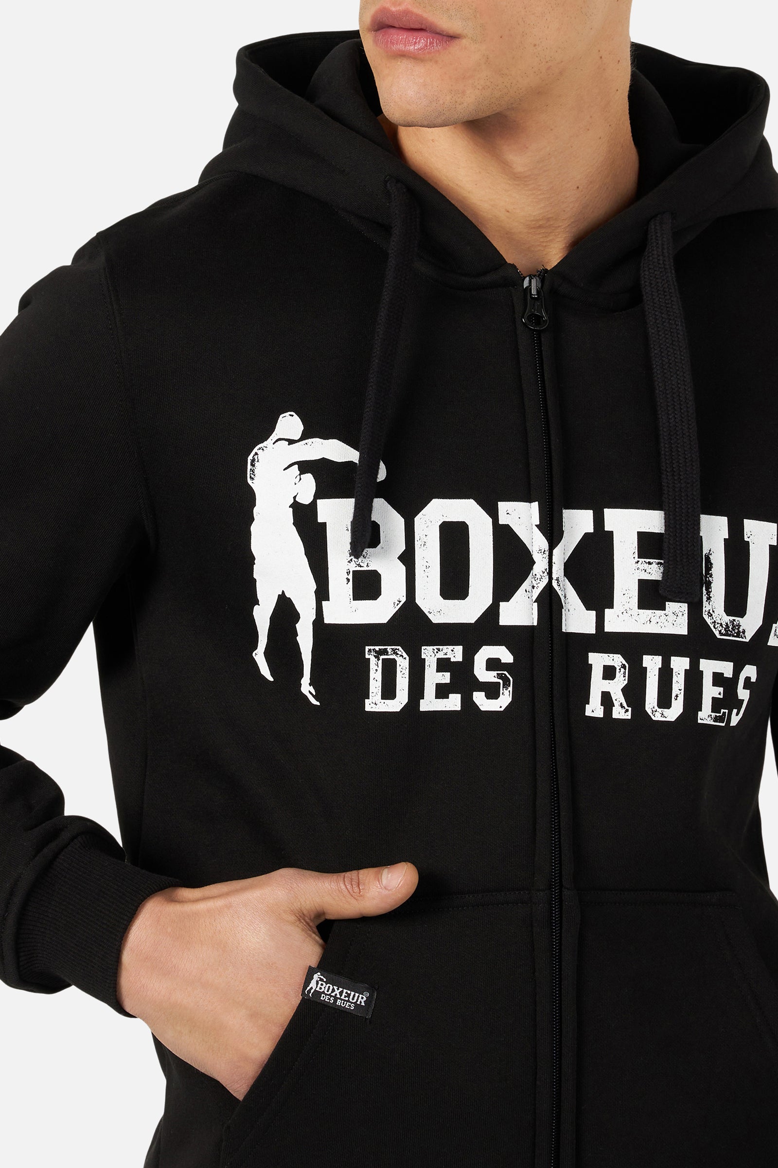 Felpa con cappuccio e zip integrale con patch in nero e bianco Boxeur des Rues