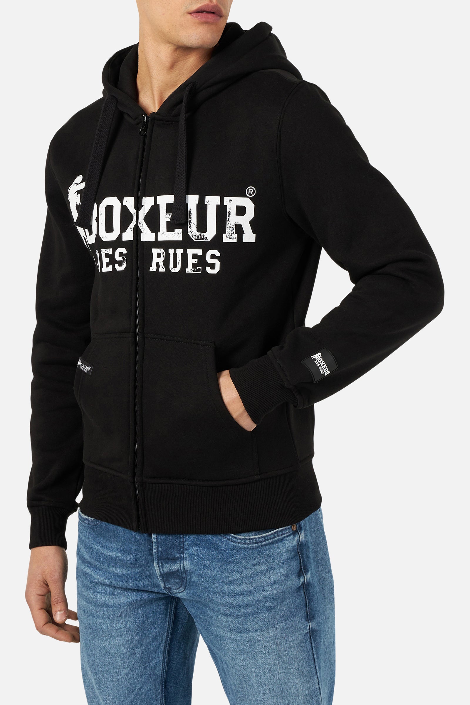 Felpa con cappuccio e zip integrale con patch in nero e bianco Boxeur des Rues