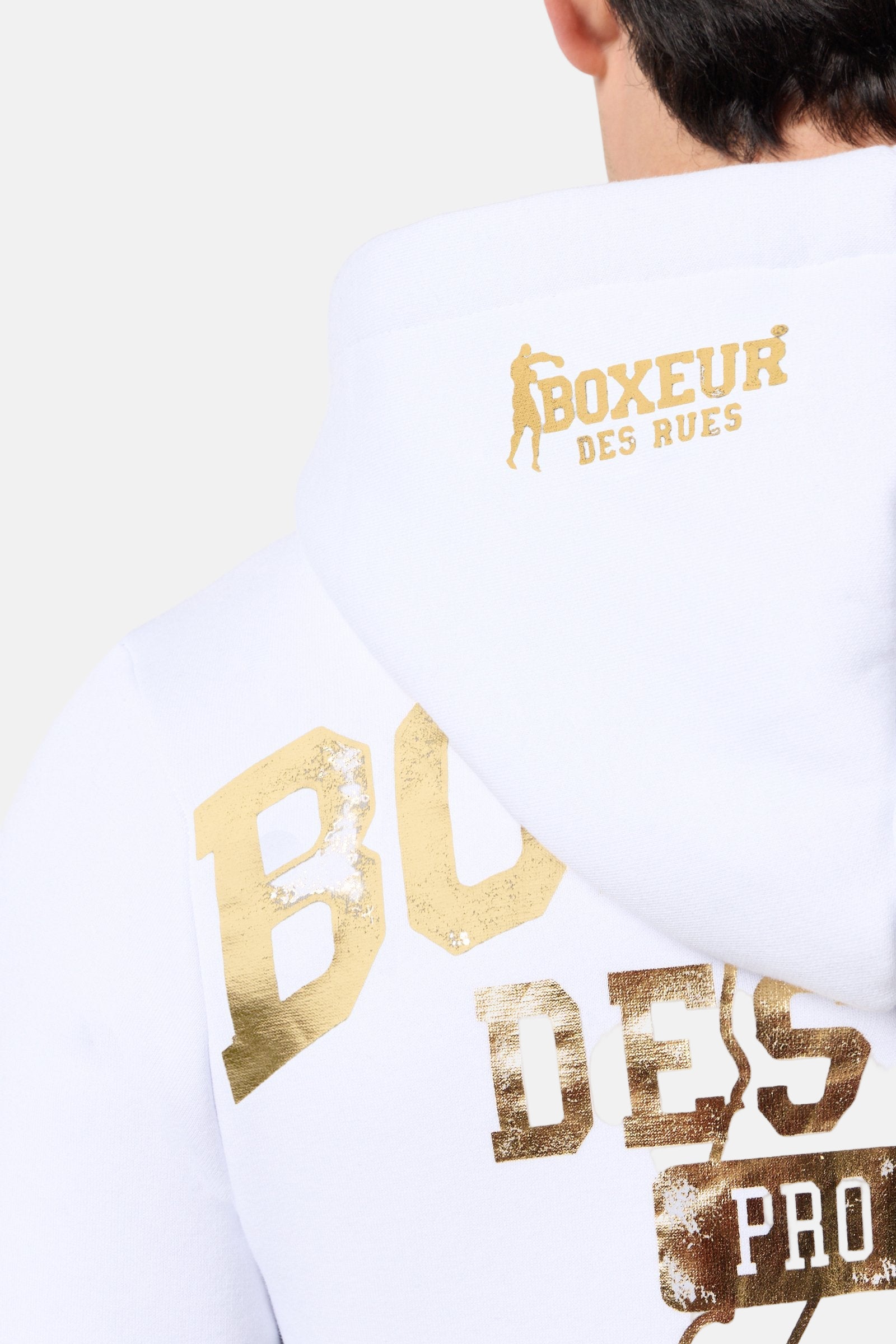 Felpa con cappuccio e zip integrale in bianco-oro