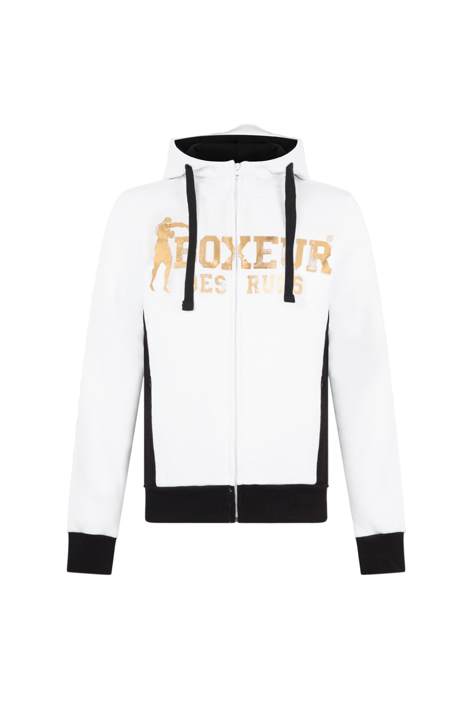 Felpa con cappuccio e zip integrale in bianco-oro