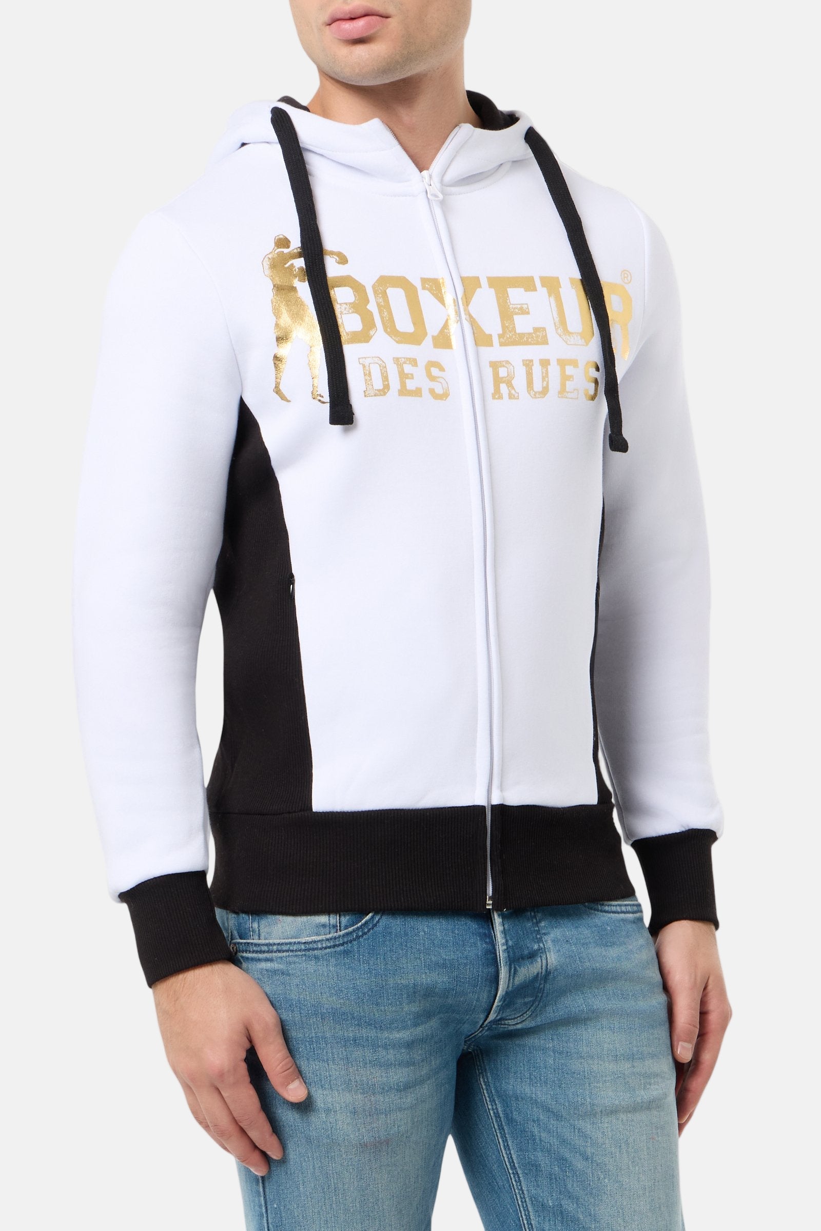 Felpa con cappuccio e zip integrale in bianco-oro