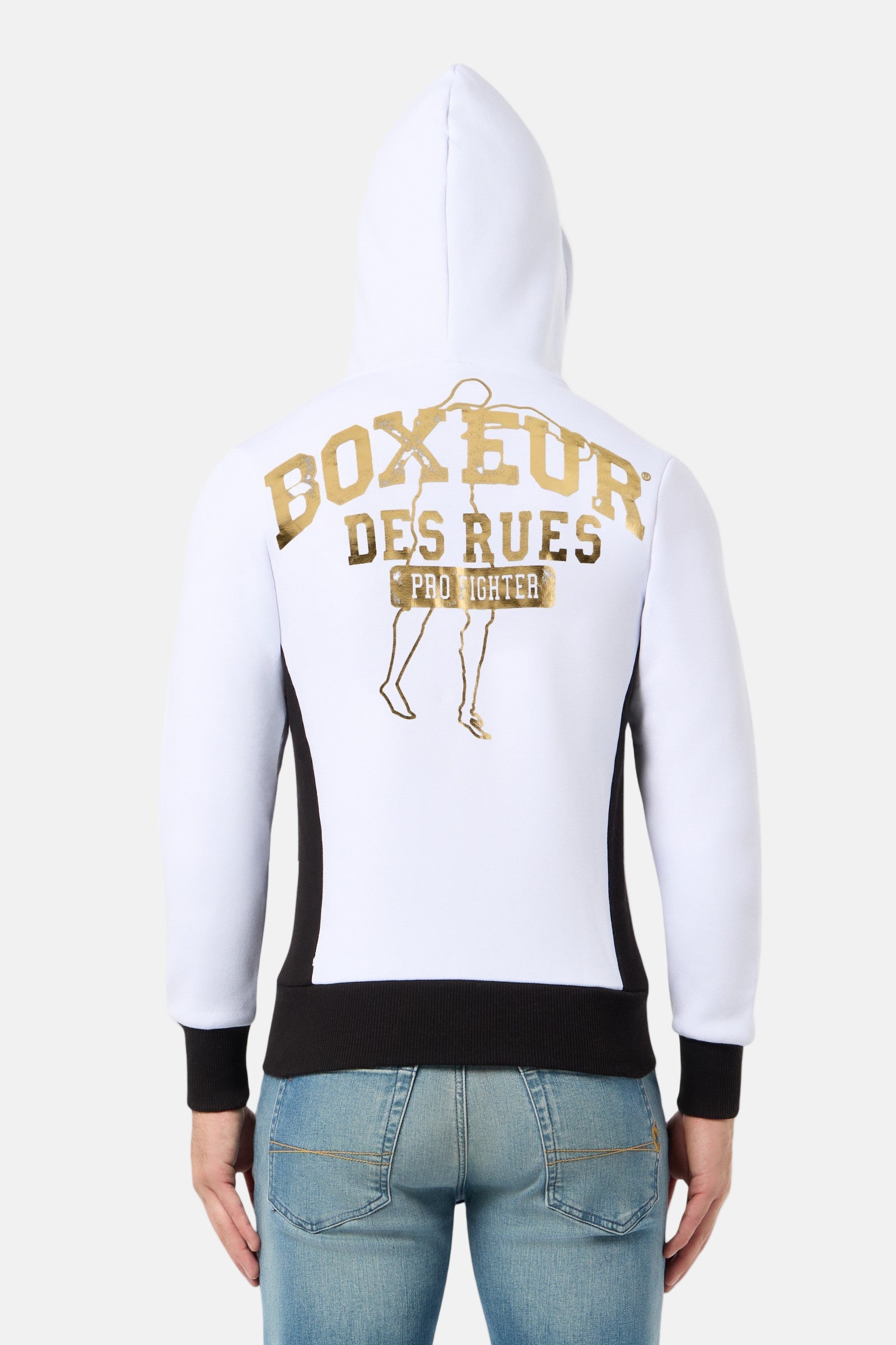 Felpa con cappuccio e zip integrale in bianco-oro