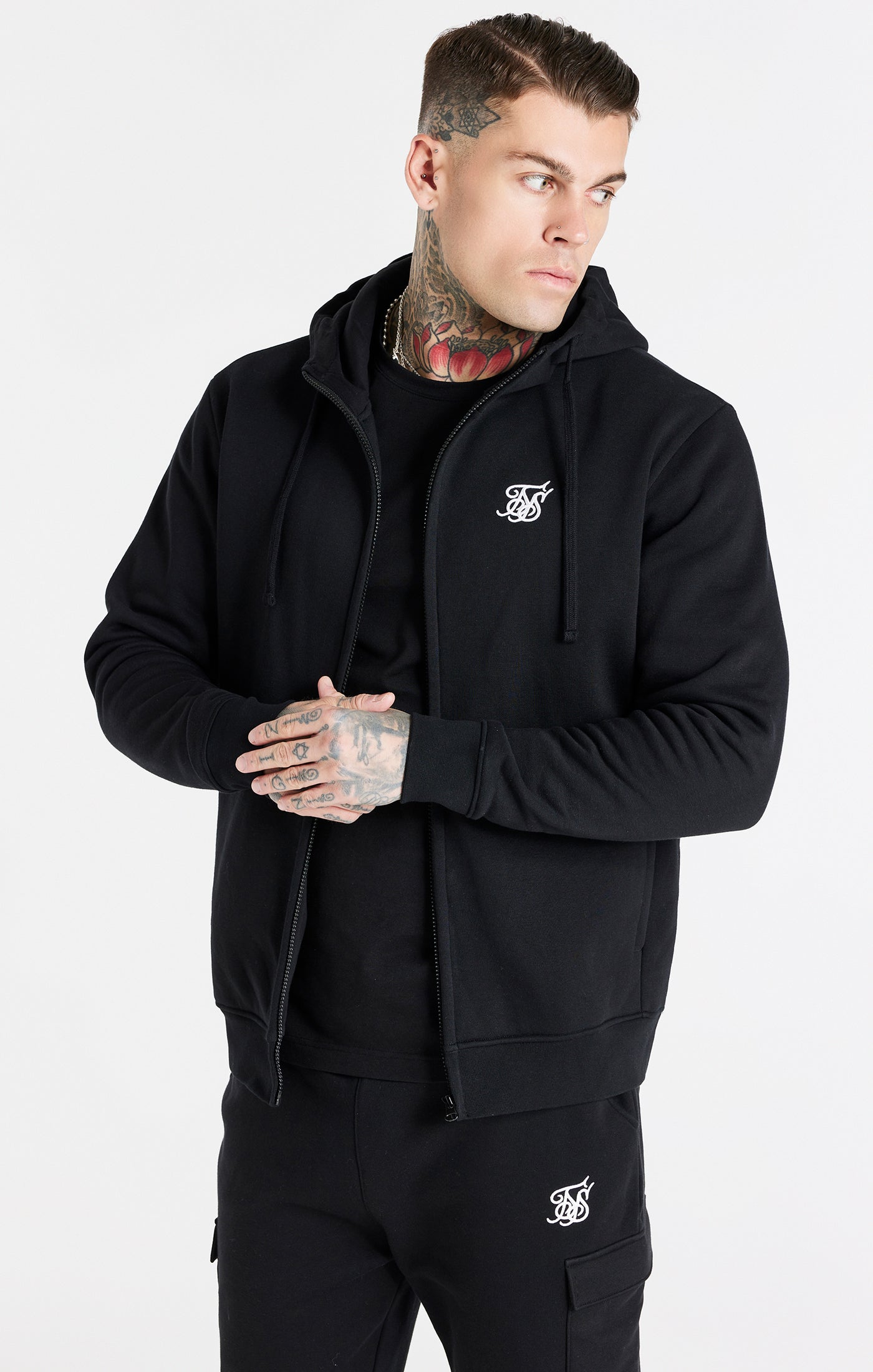 Felpa con cappuccio Essential Zip Through Funnel in nero Felpa con cappuccio SikSilk