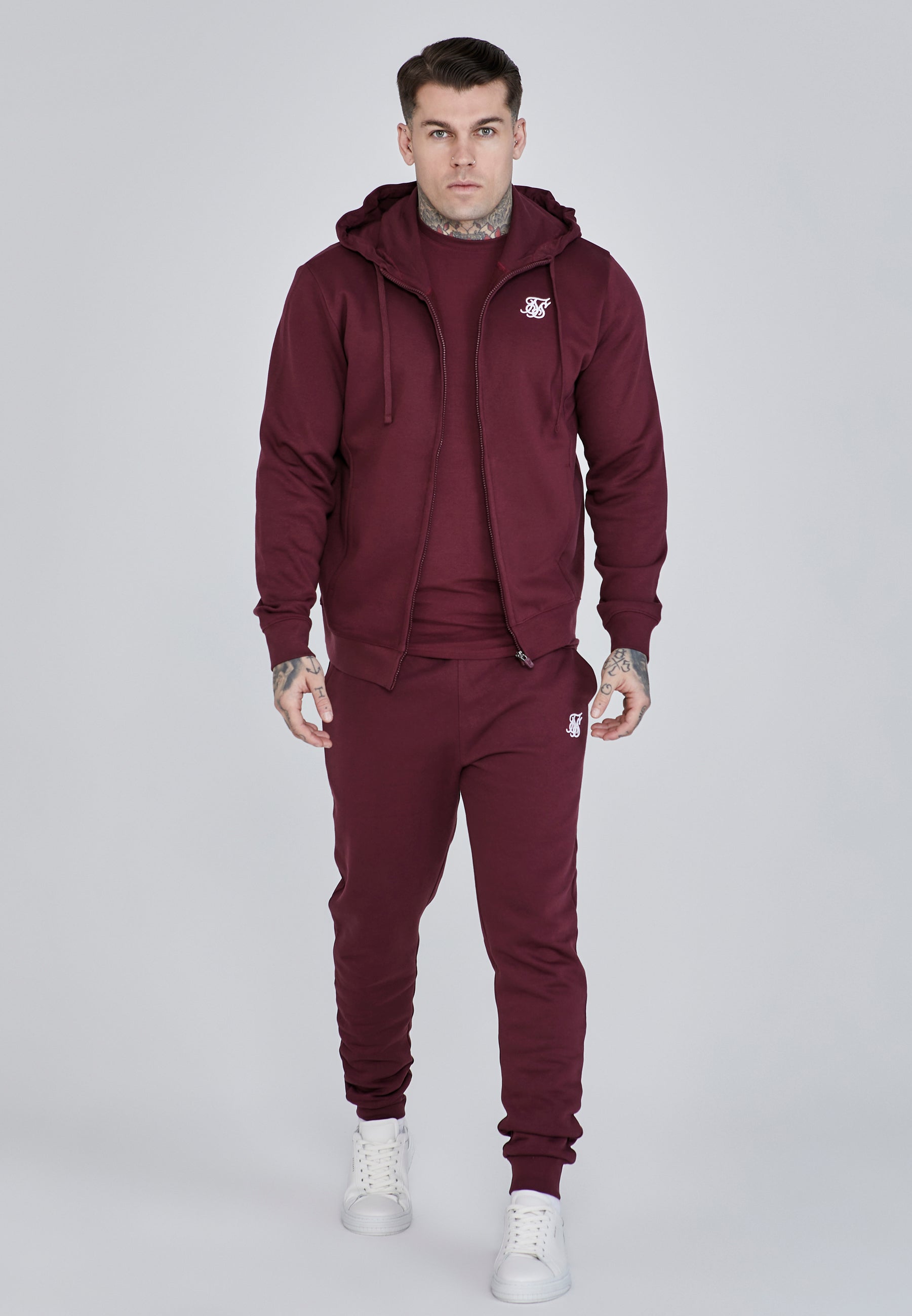 Essentials Felpa con cappuccio e zip intera in borgogna Giacche SikSilk