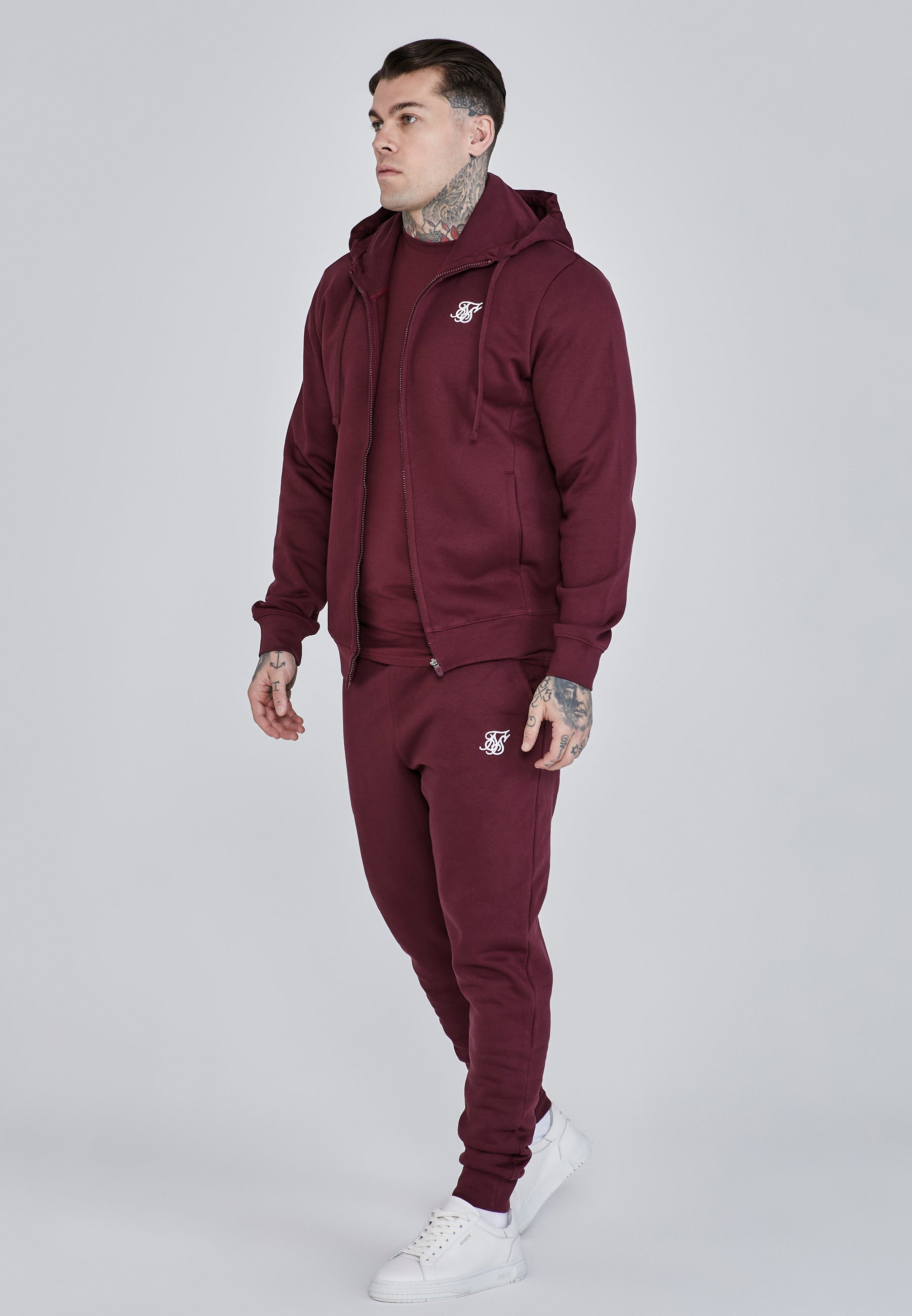 Essentials Felpa con cappuccio e zip intera in borgogna Giacche SikSilk