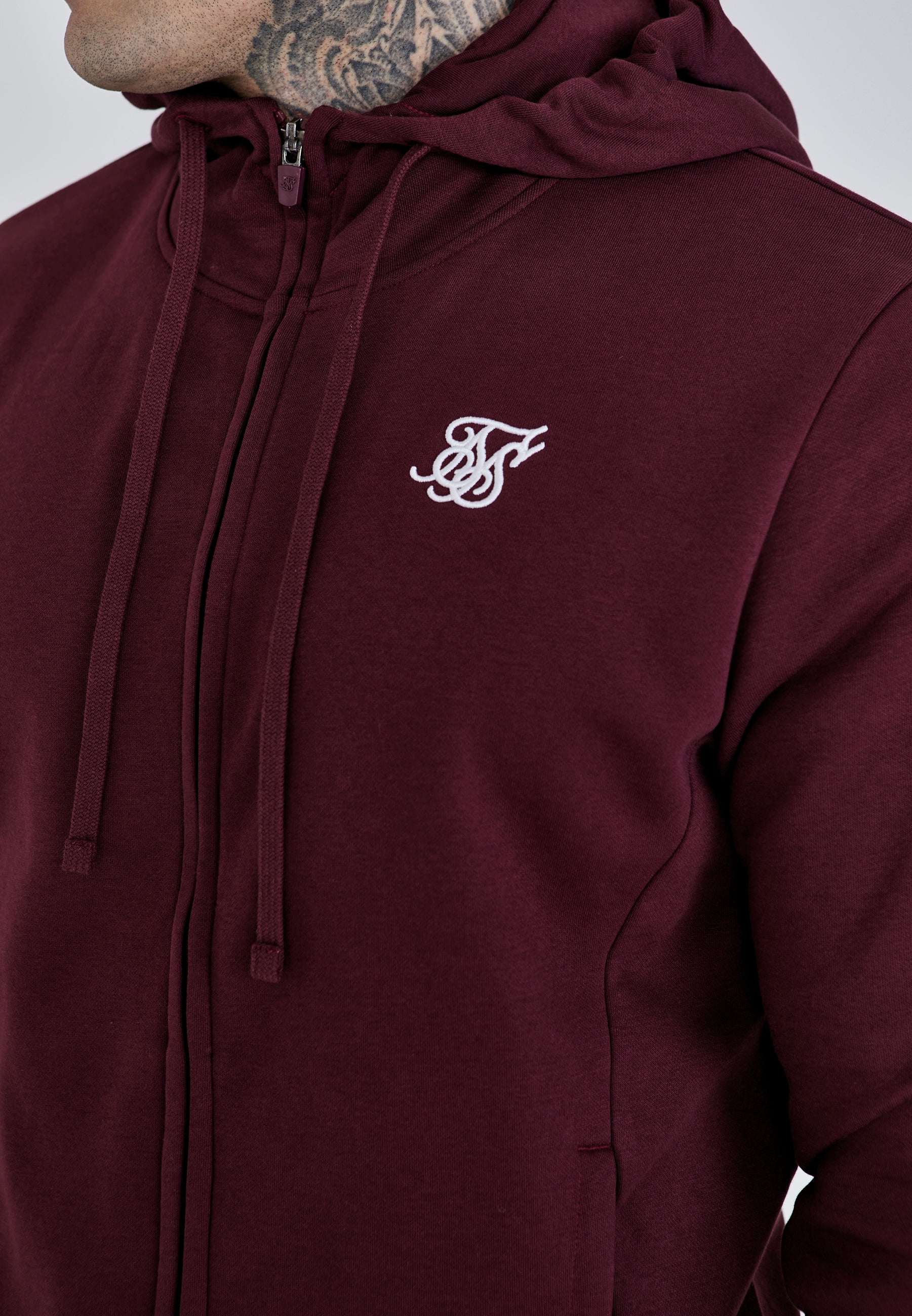 Essentials Felpa con cappuccio e zip intera in borgogna Giacche SikSilk