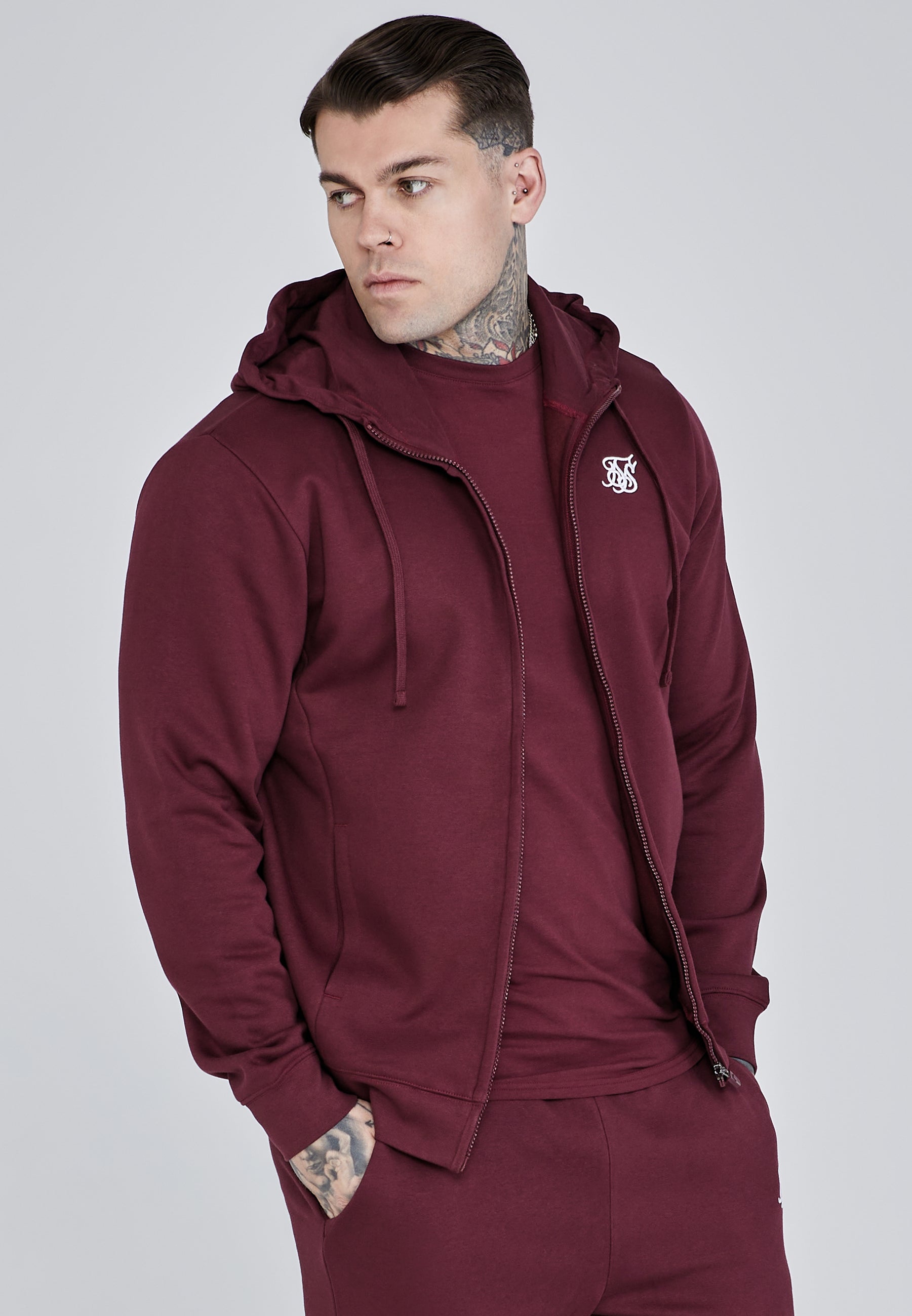 Essentials Felpa con cappuccio e zip intera in borgogna Giacche SikSilk