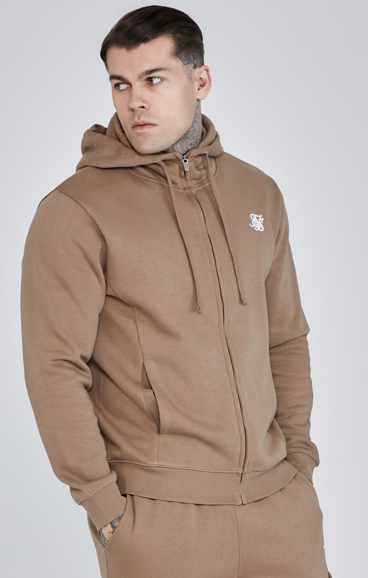 Essentials Felpa con cappuccio con zip intera in marrone Felpa con cappuccio SikSilk
