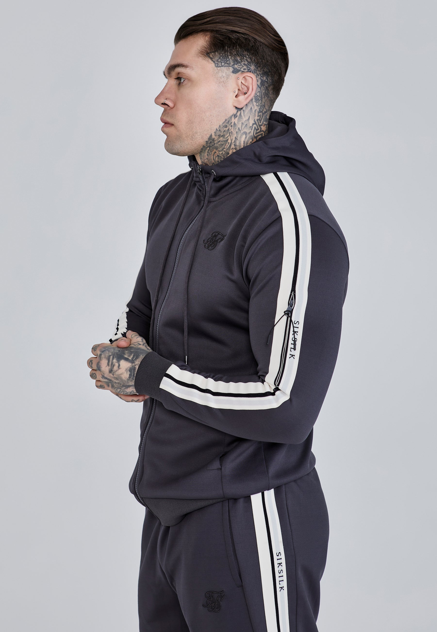 Felpa con cappuccio e zip integrale in grigio SikSilk