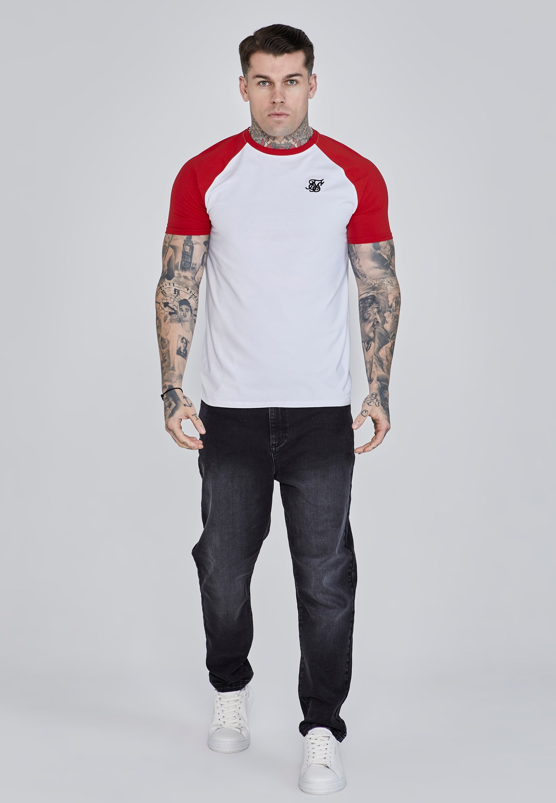 Maglietta Raglan in Bianco, Rosso Magliette SikSilk