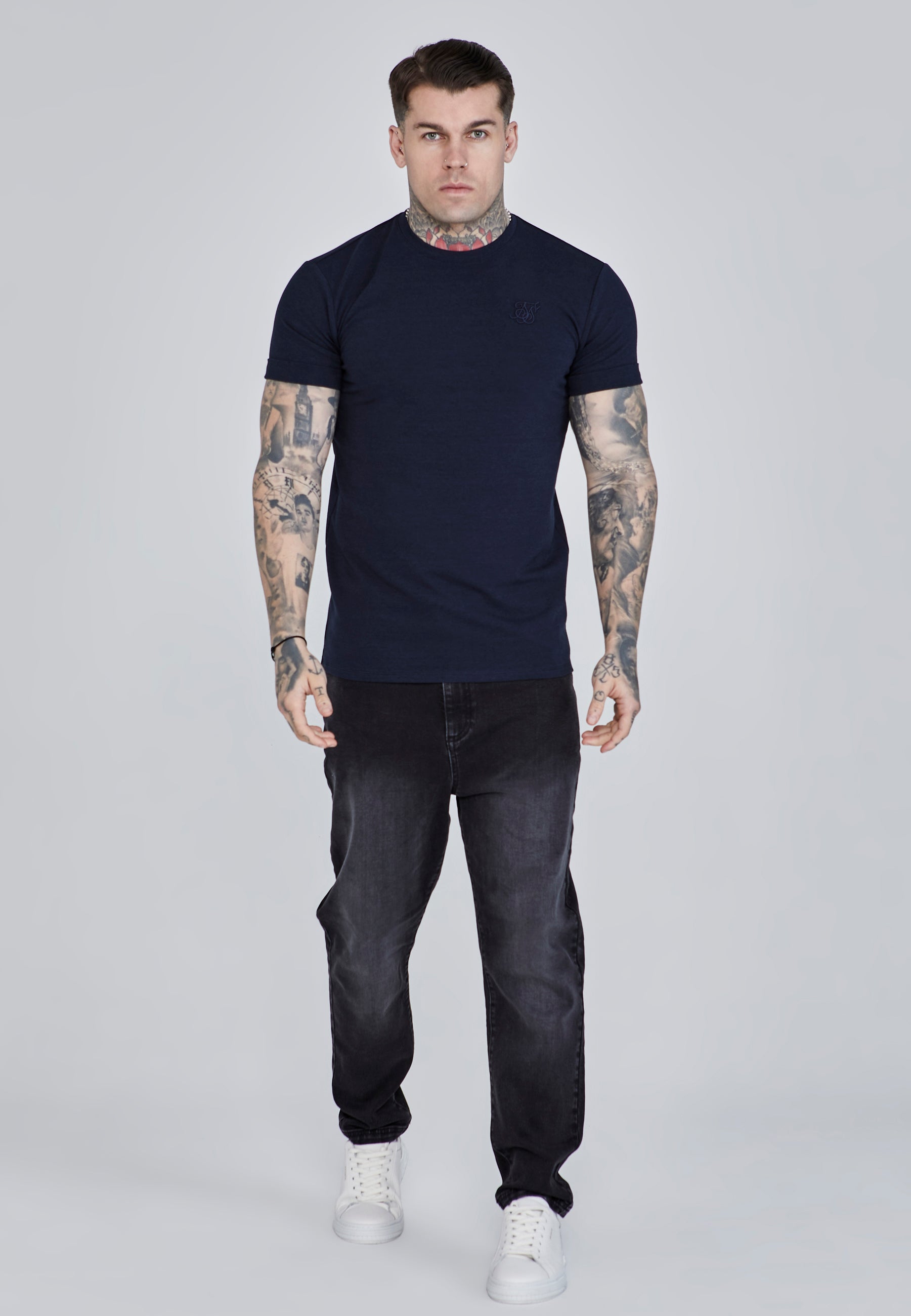 Maglietta con manica arrotolata in blu T-shirt SikSilk