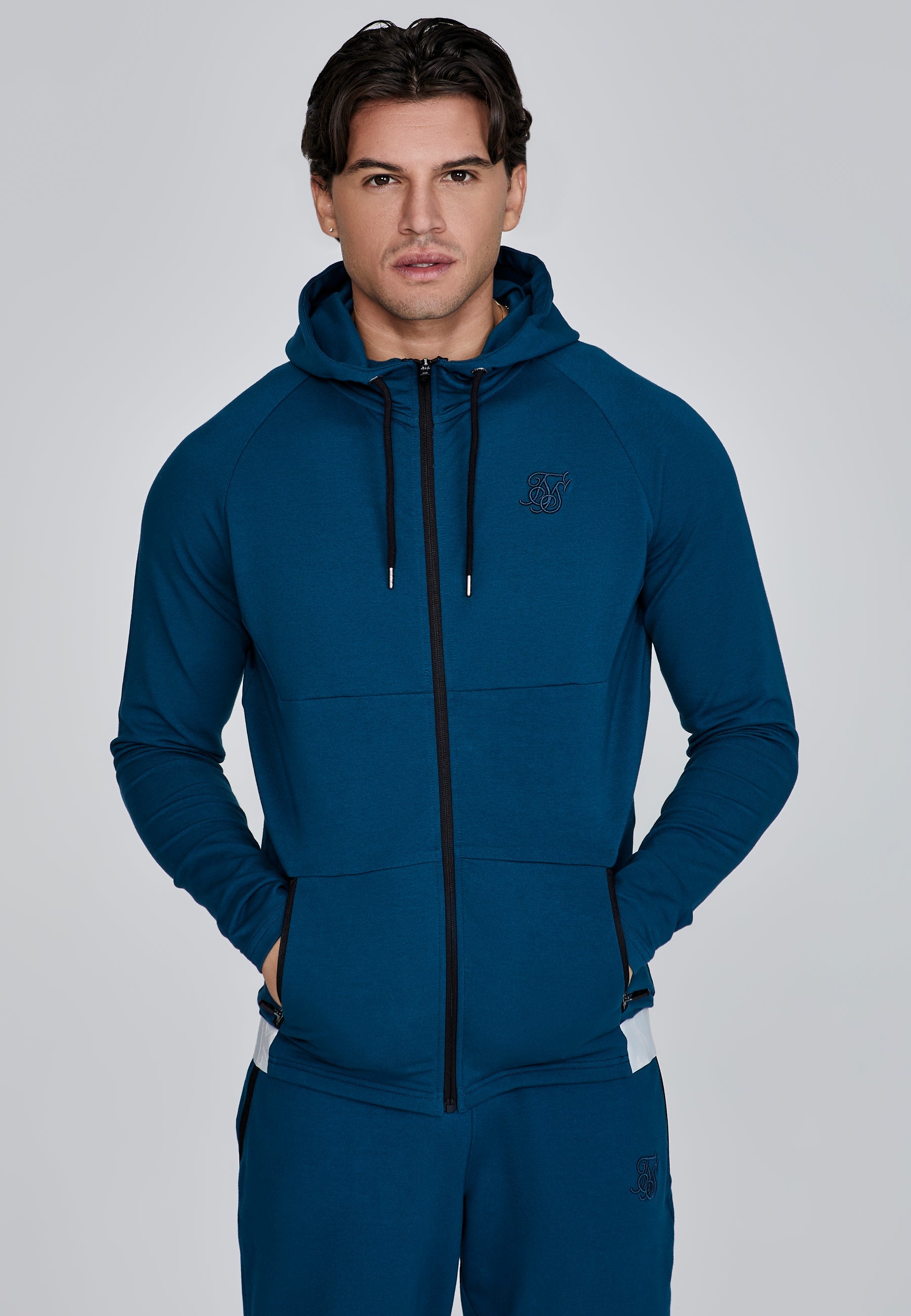 Felpa con cappuccio e zip intera in blu SikSilk