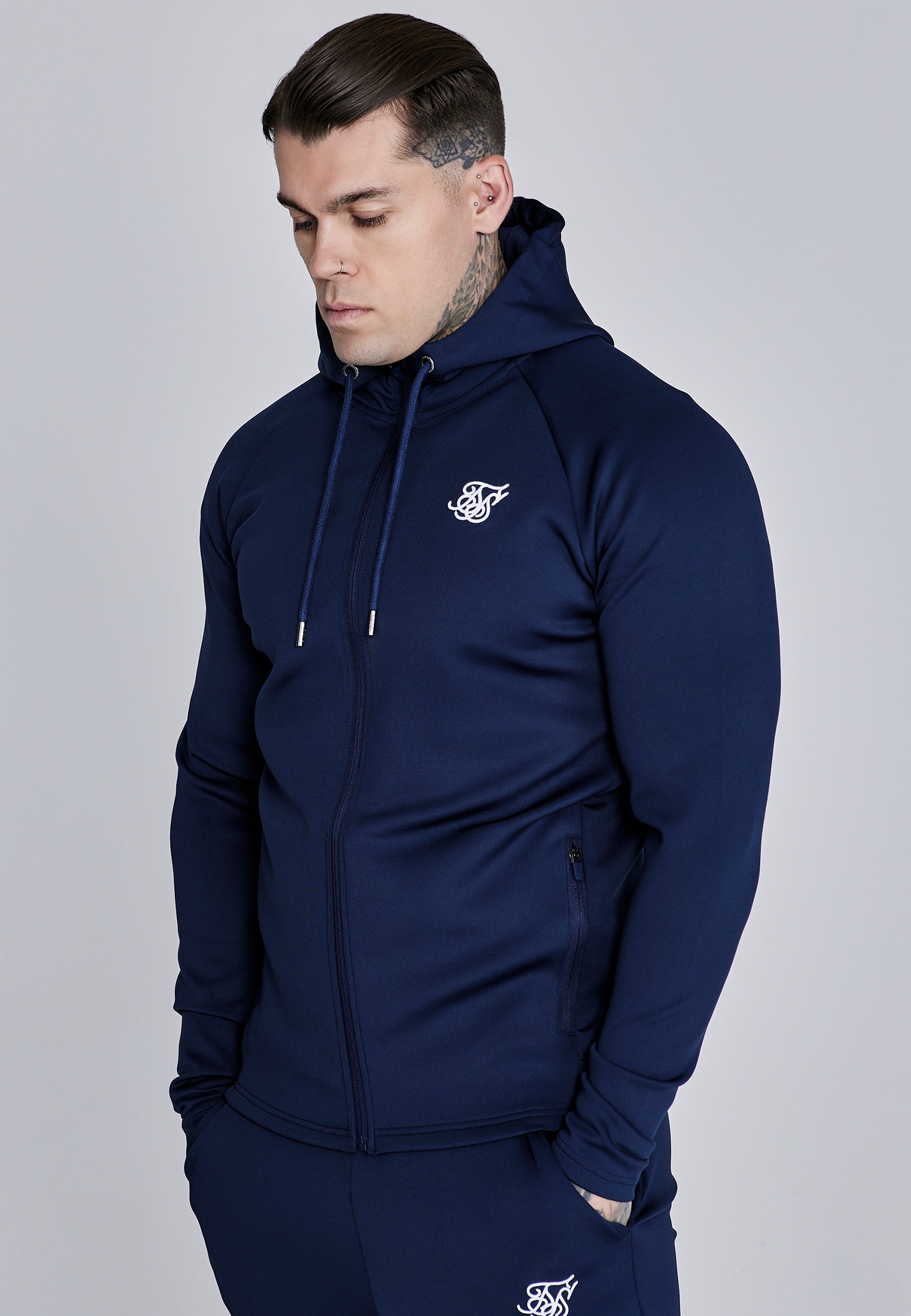 Essentials Poly Felpa con cappuccio a tutta zip in felpa blu SikSilk