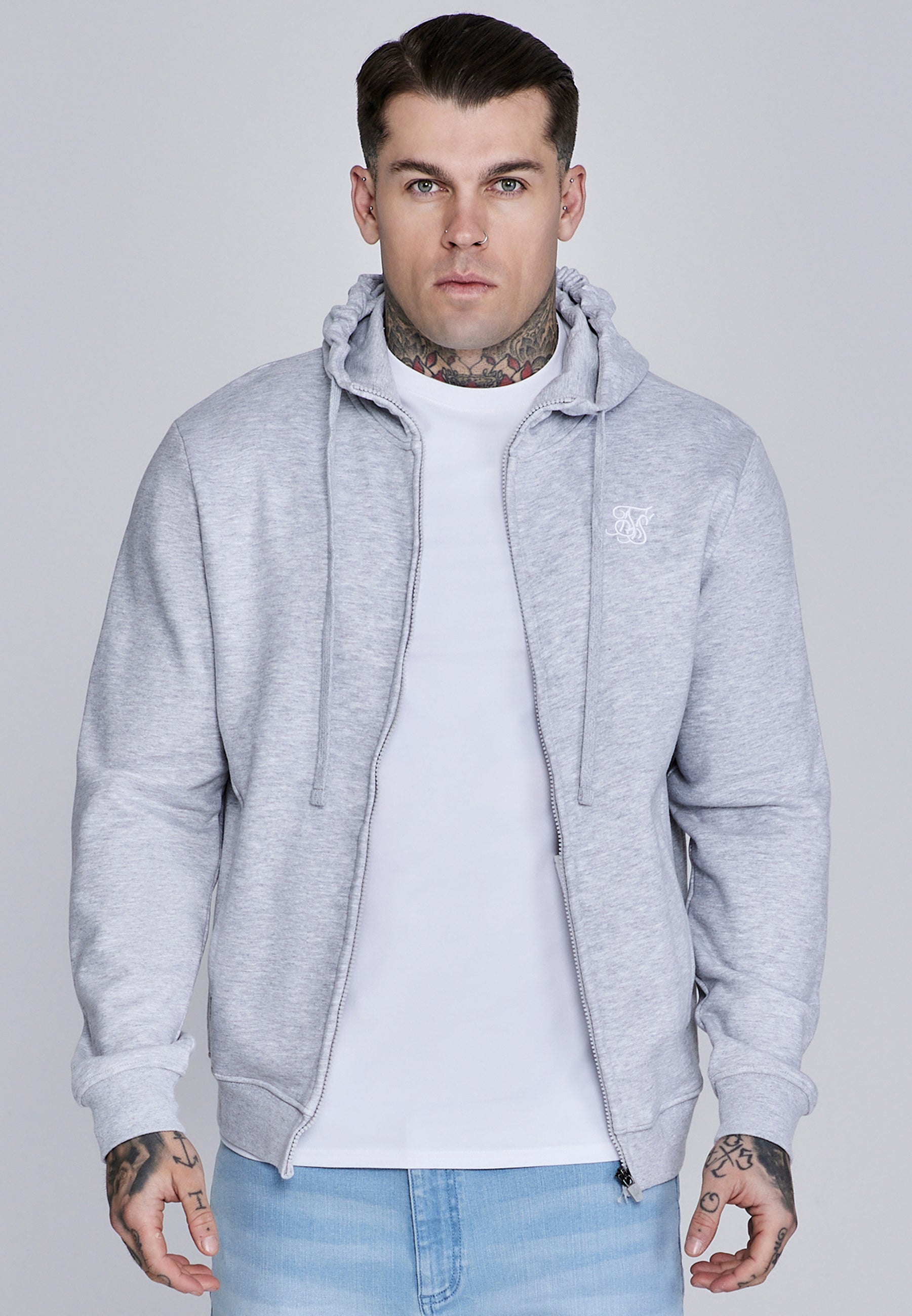 Essentials Felpa con cappuccio e zip intera in marna grigia Giacche SikSilk