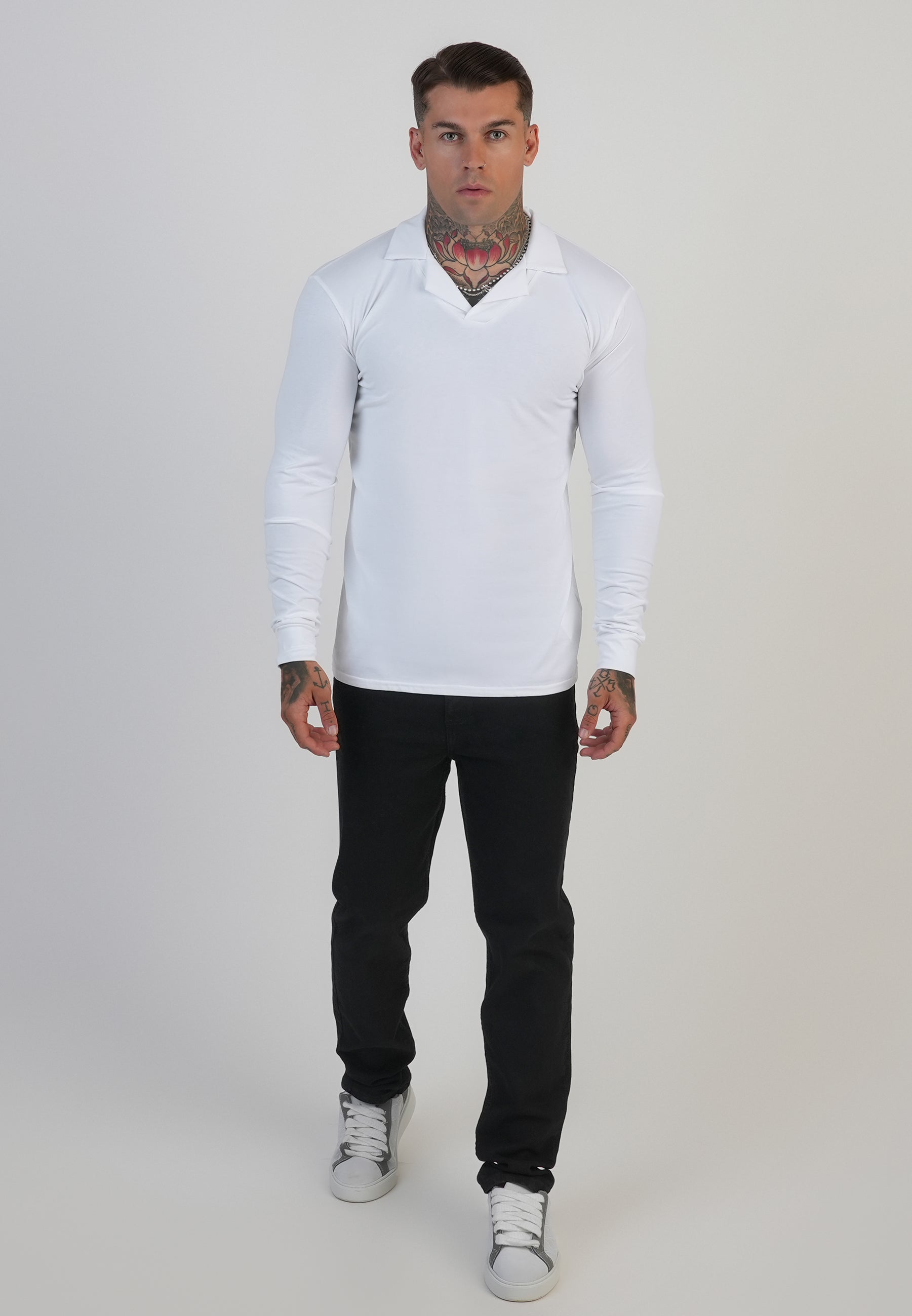 Polo Revere a manica lunga in bianco Magliette SikSilk