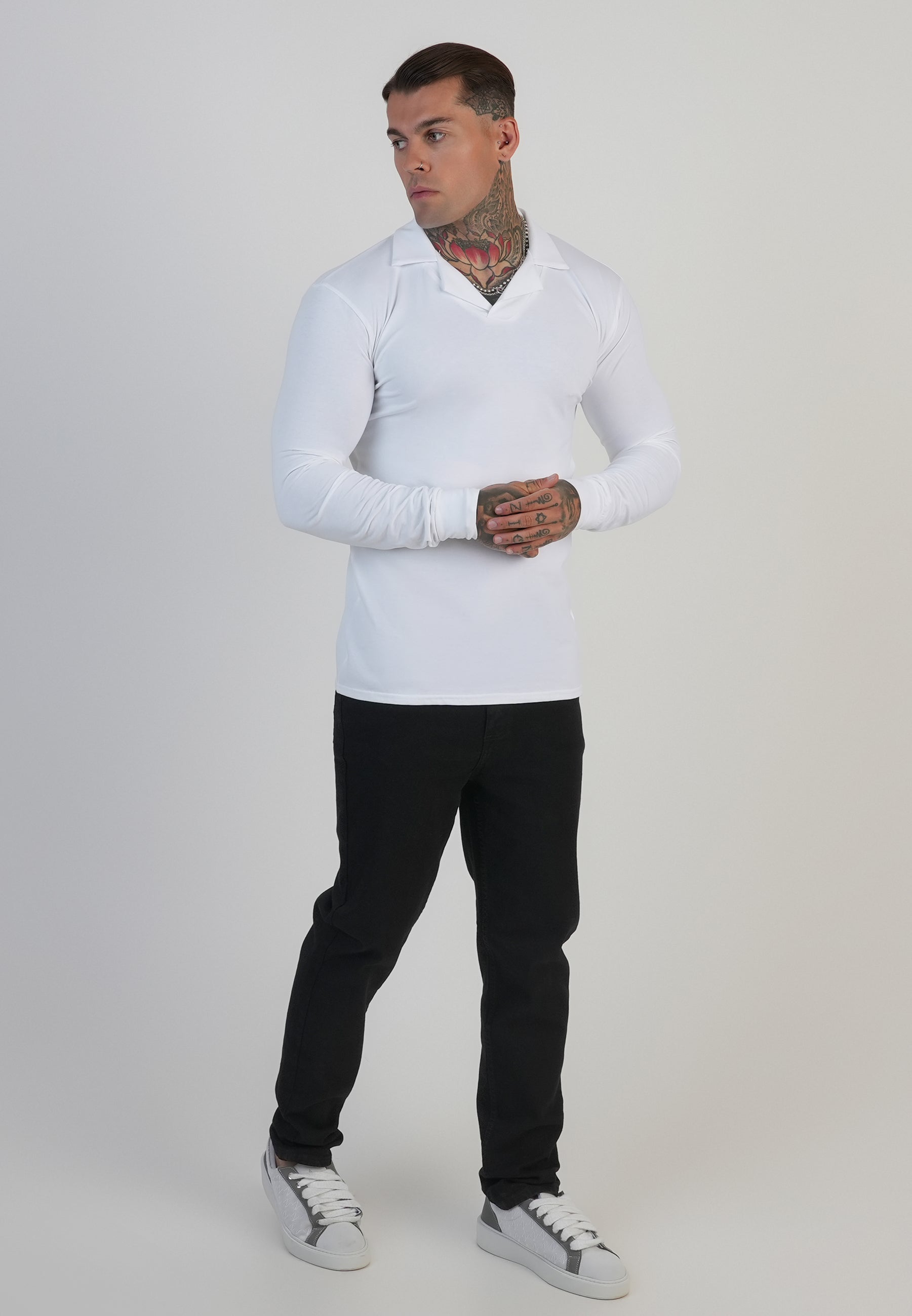 Polo Revere a manica lunga in bianco Magliette SikSilk