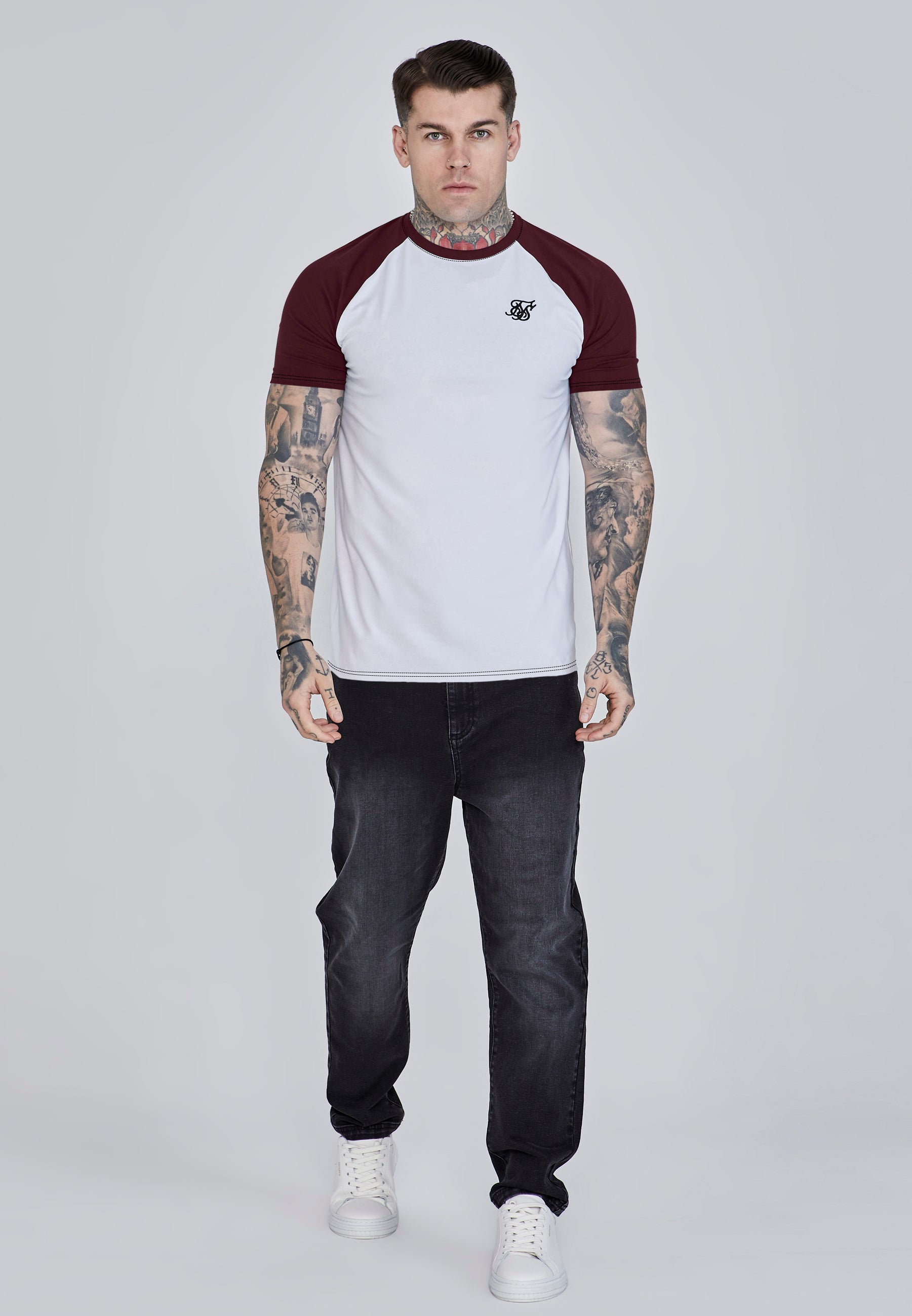 Maglietta Raglan in Bianco, Borgogna Magliette SikSilk