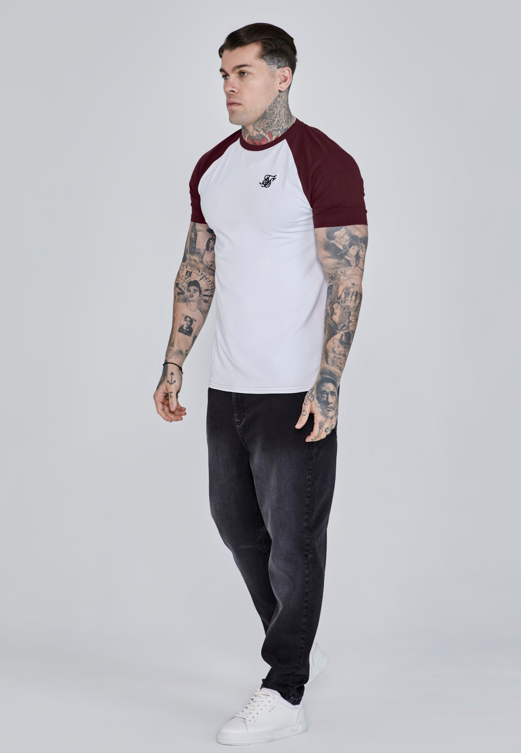 Maglietta Raglan in Bianco, Borgogna Magliette SikSilk