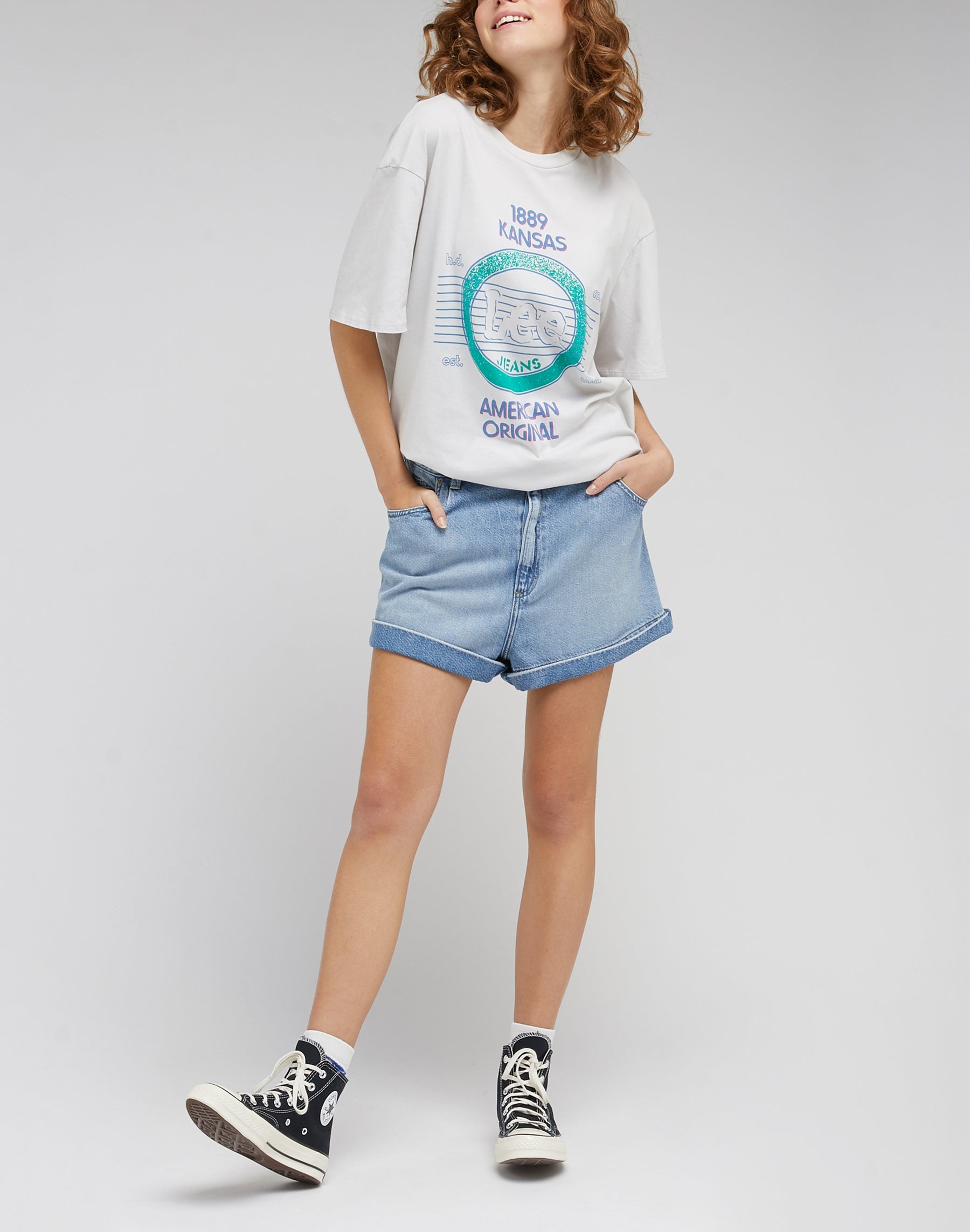 Pantaloncini corti plissettati in Jean blu smerigliato Lee