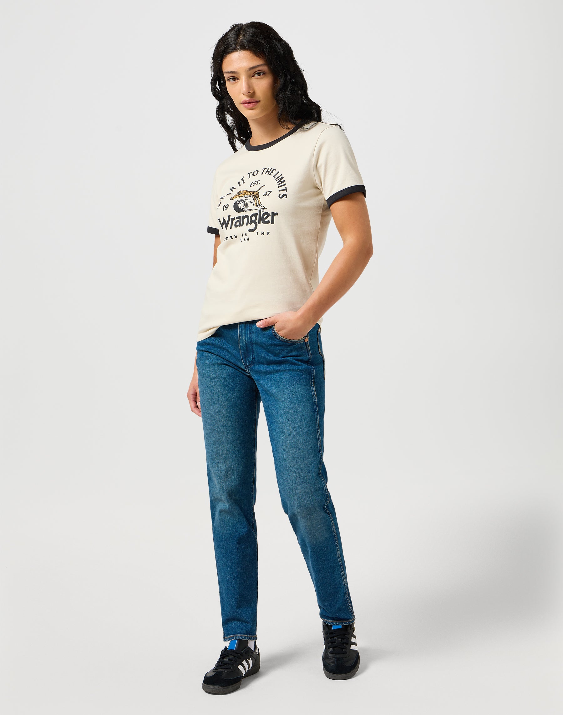 Maglietta Ringer in bianco vintage Magliette Wrangler   