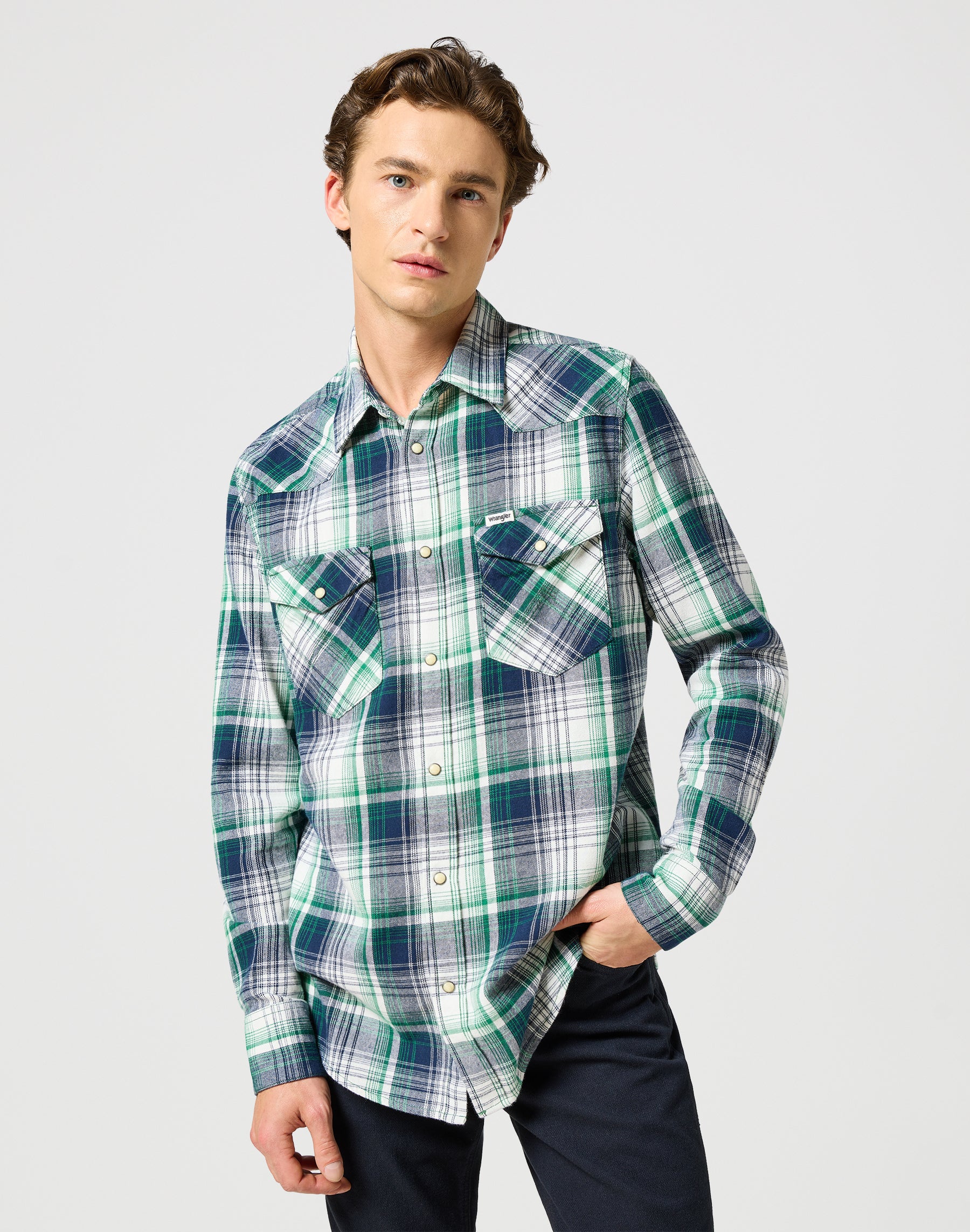 Western Camicia in Verde Blu Camicie Wrangler   