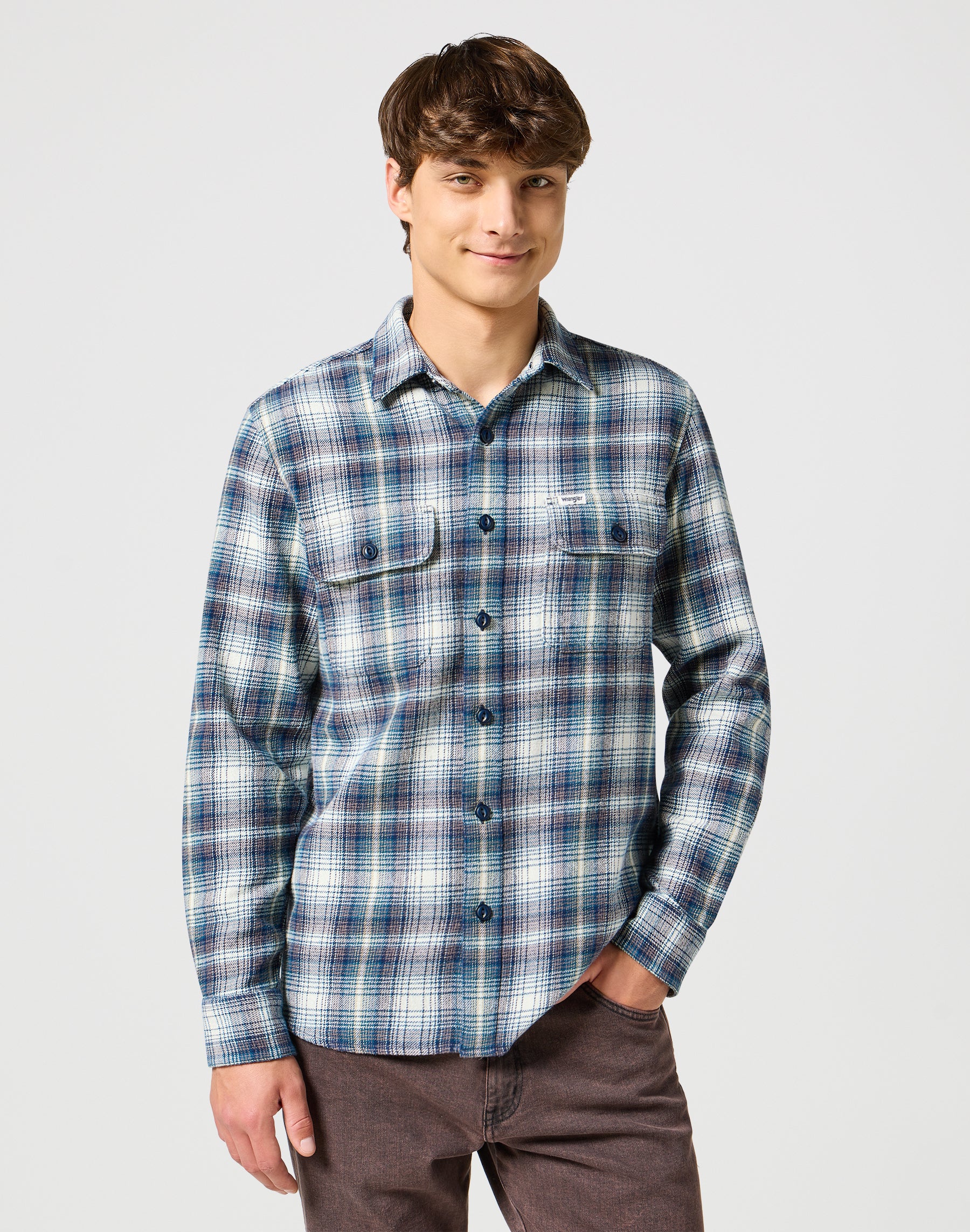 Camicia a due tasche in blu e grigio Camicie Wrangler   