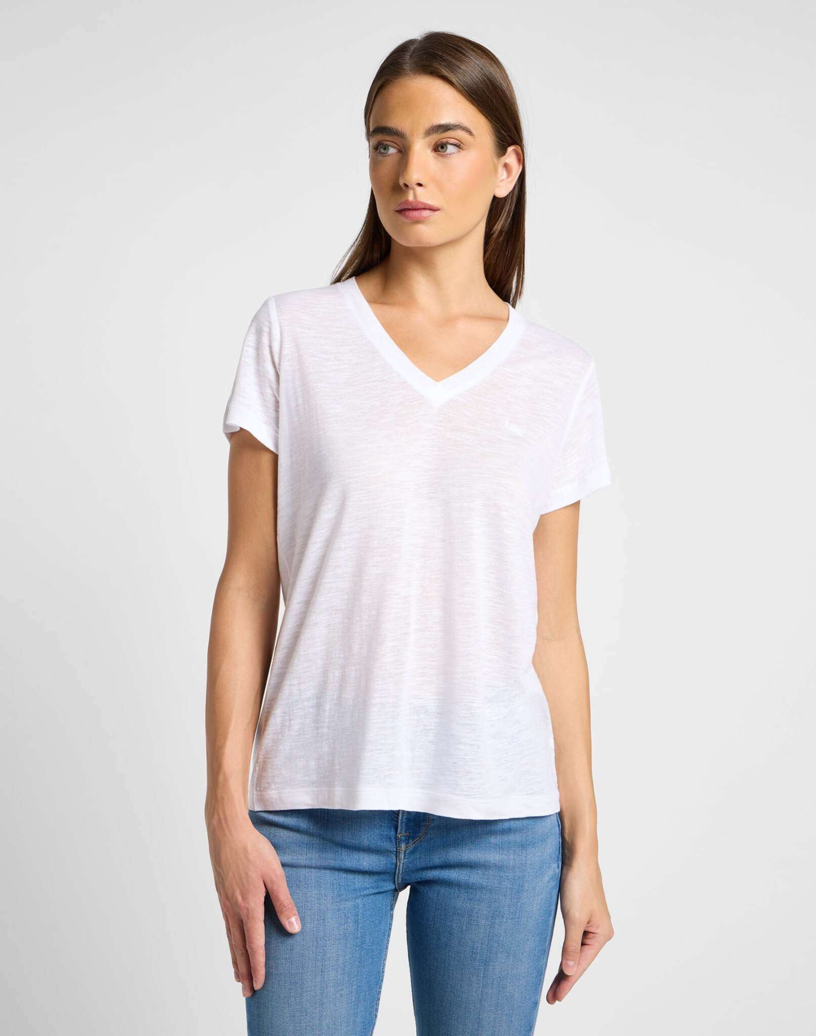 T-shirt con scollo a V in bianco brillante Lee
