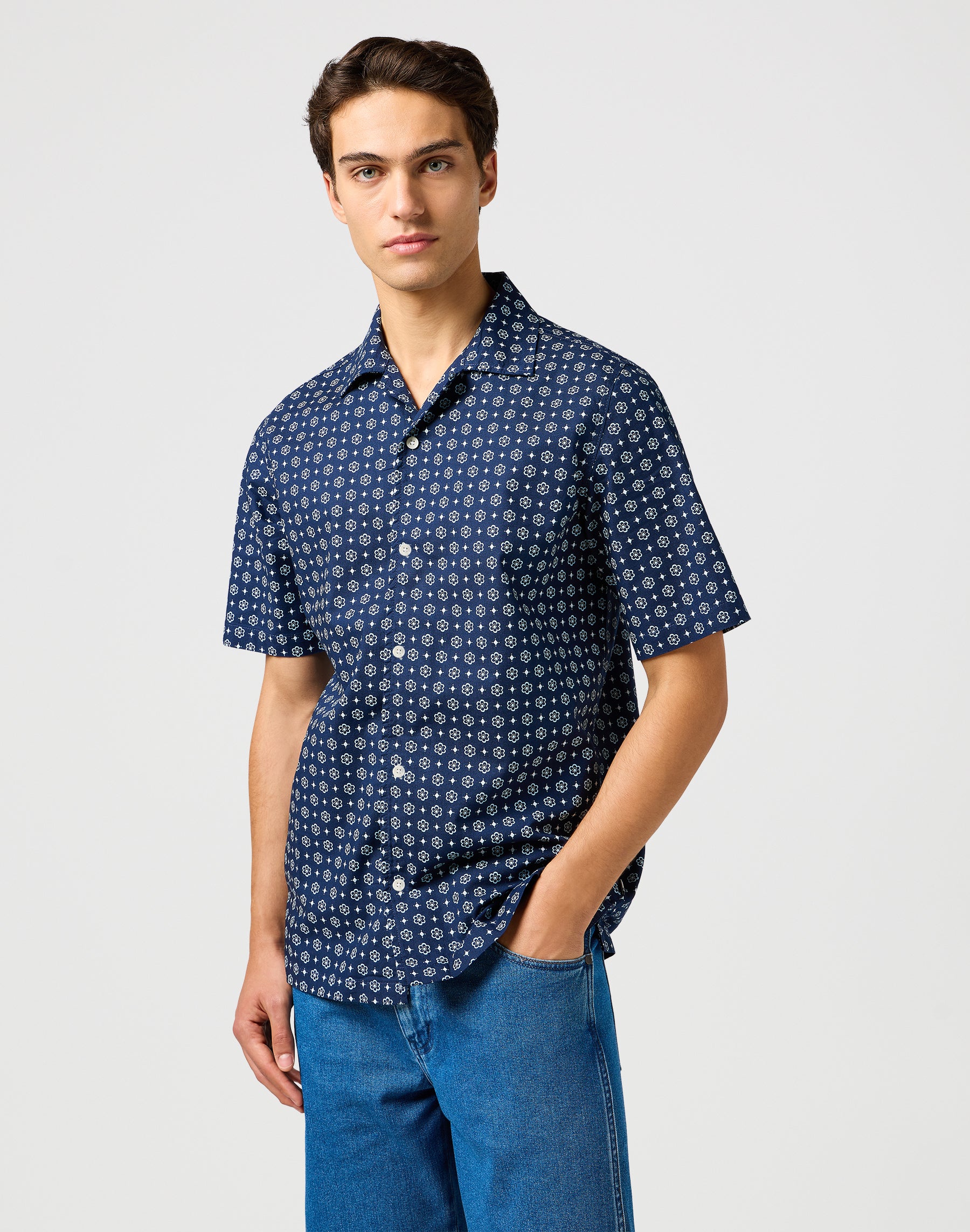 Camicia Ss Resort in Blu Geo Camicie Wrangler