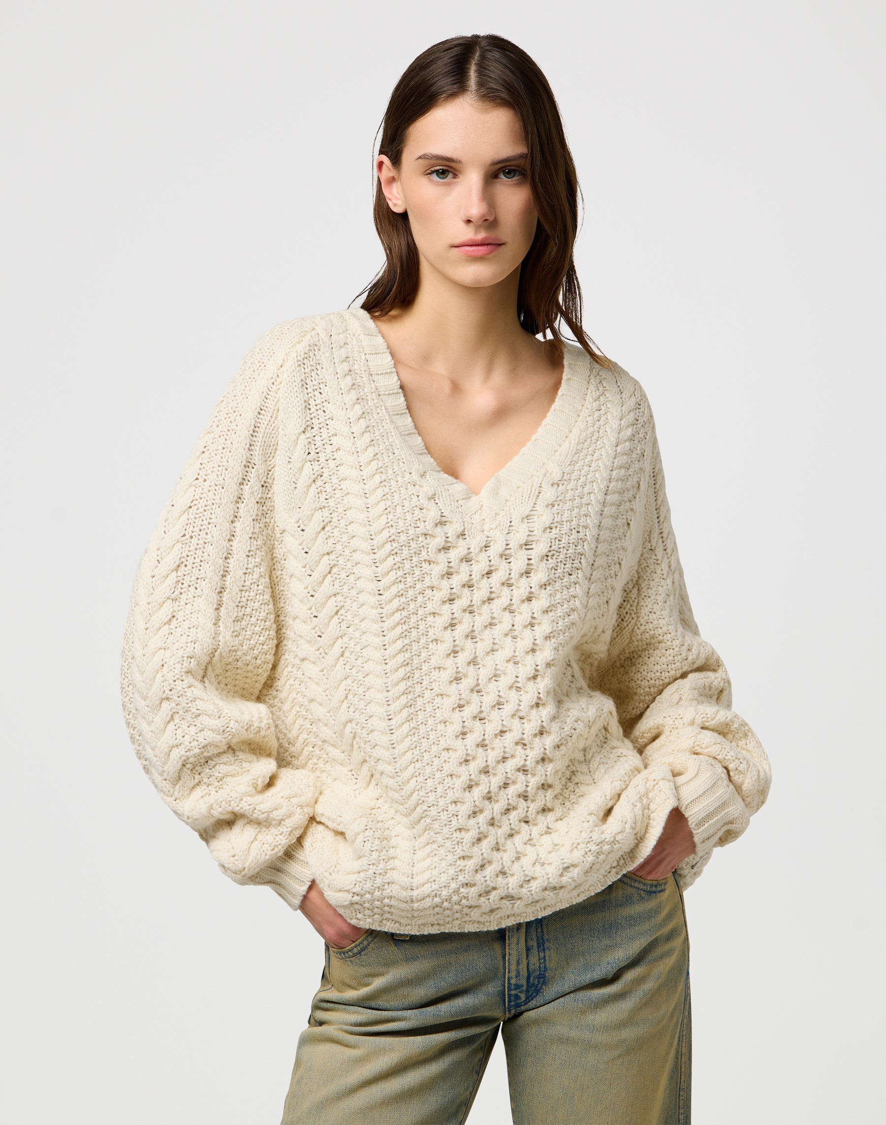 Maglia con collo a V in Avorio Maglioni Wrangler