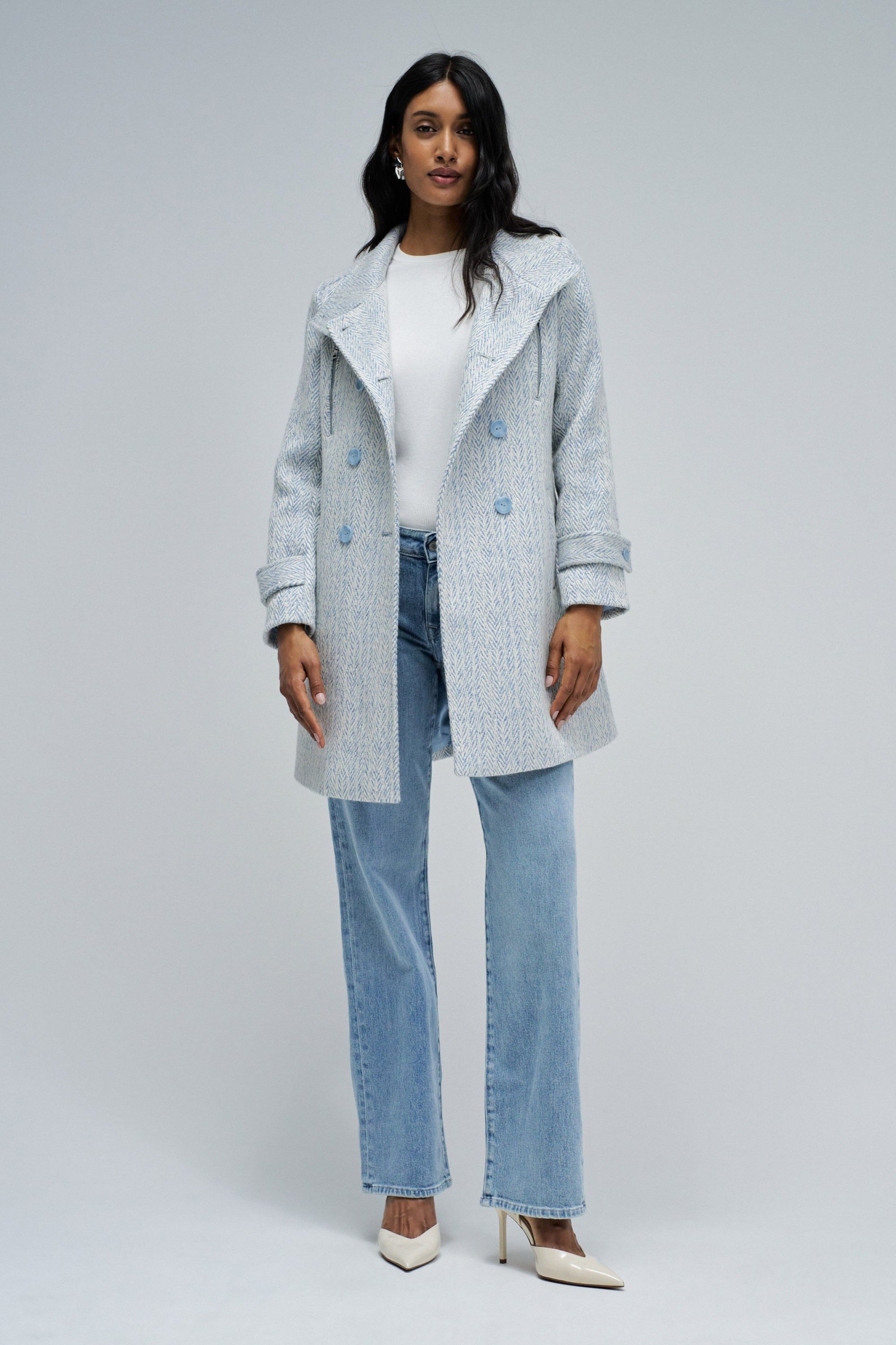 Cappotto lungo in lana Grace in azzurro V1