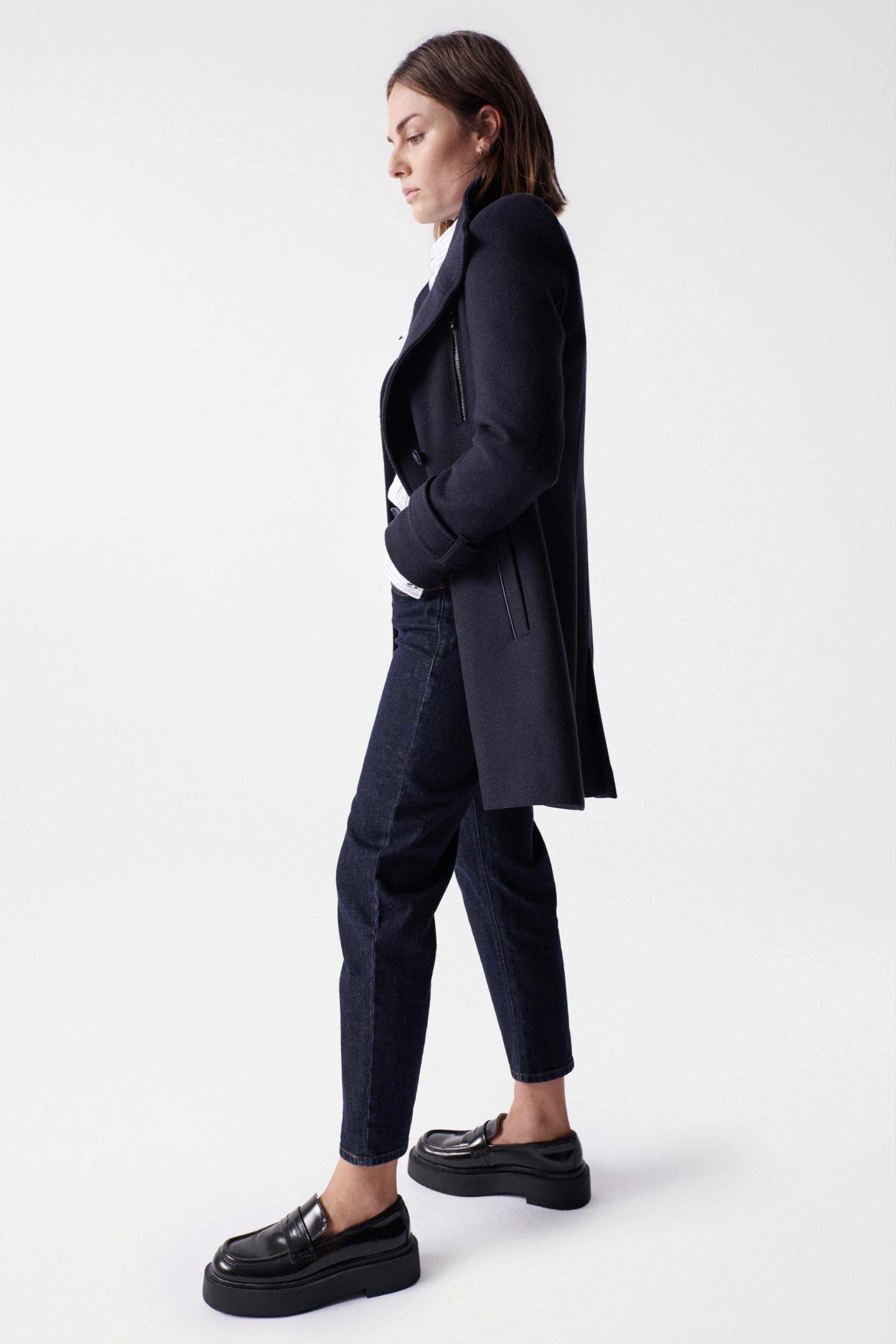 Cappotto lungo Grace in lana blu scuro