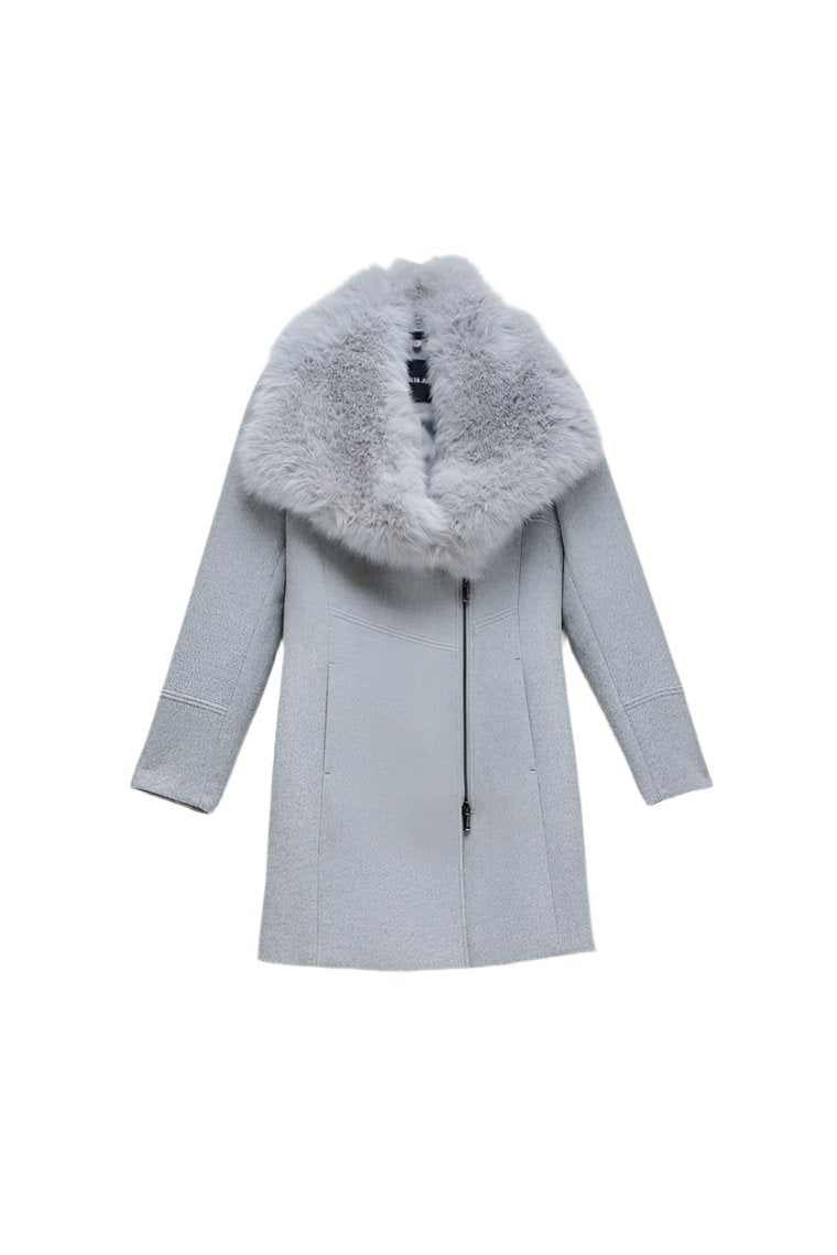 Cappotto in lana con colletto di pelliccia in grigio medio Salsa Jeans   