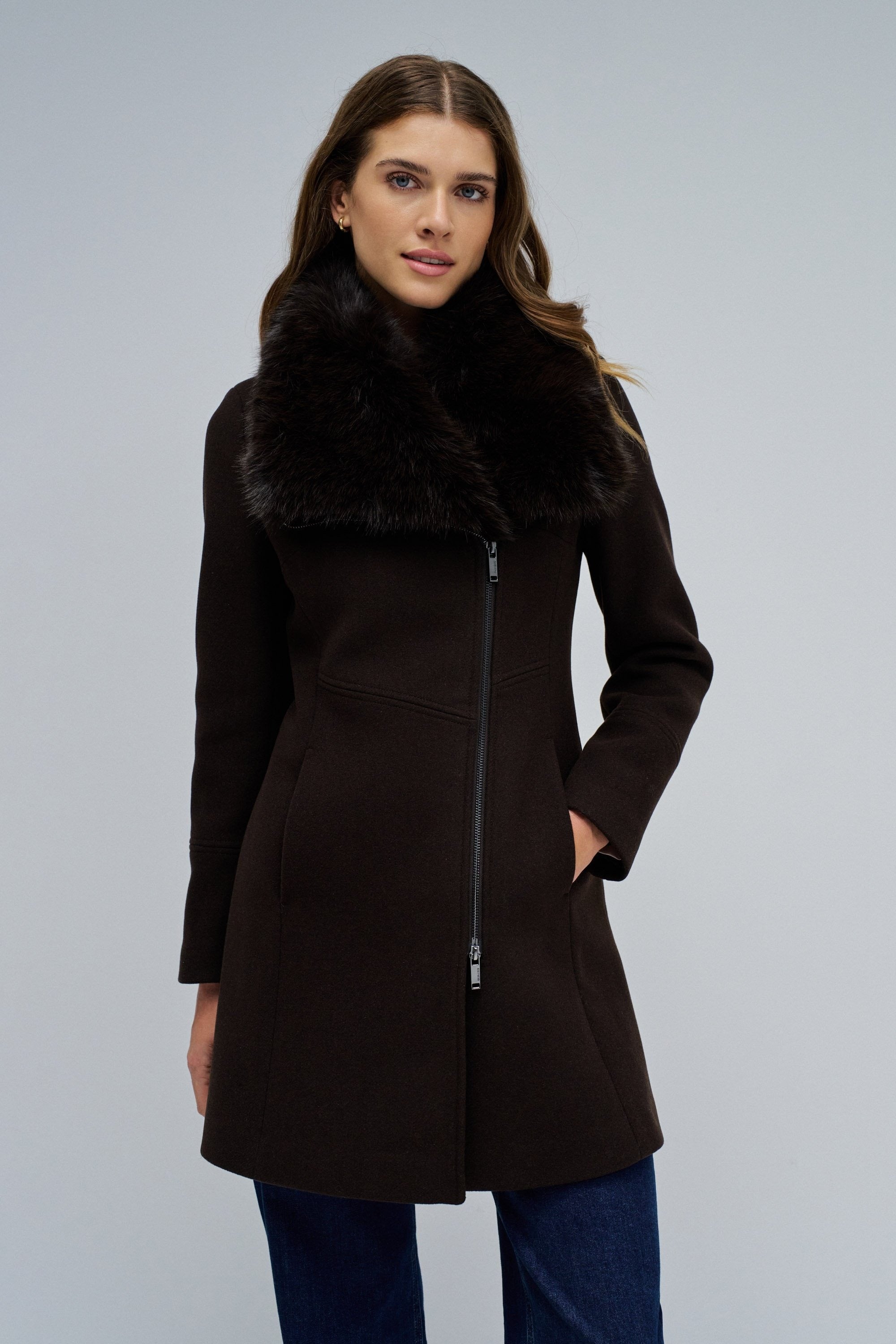 Cappotto in lana con collo di pelliccia in marrone scuro Giacche Salsa Jeans
